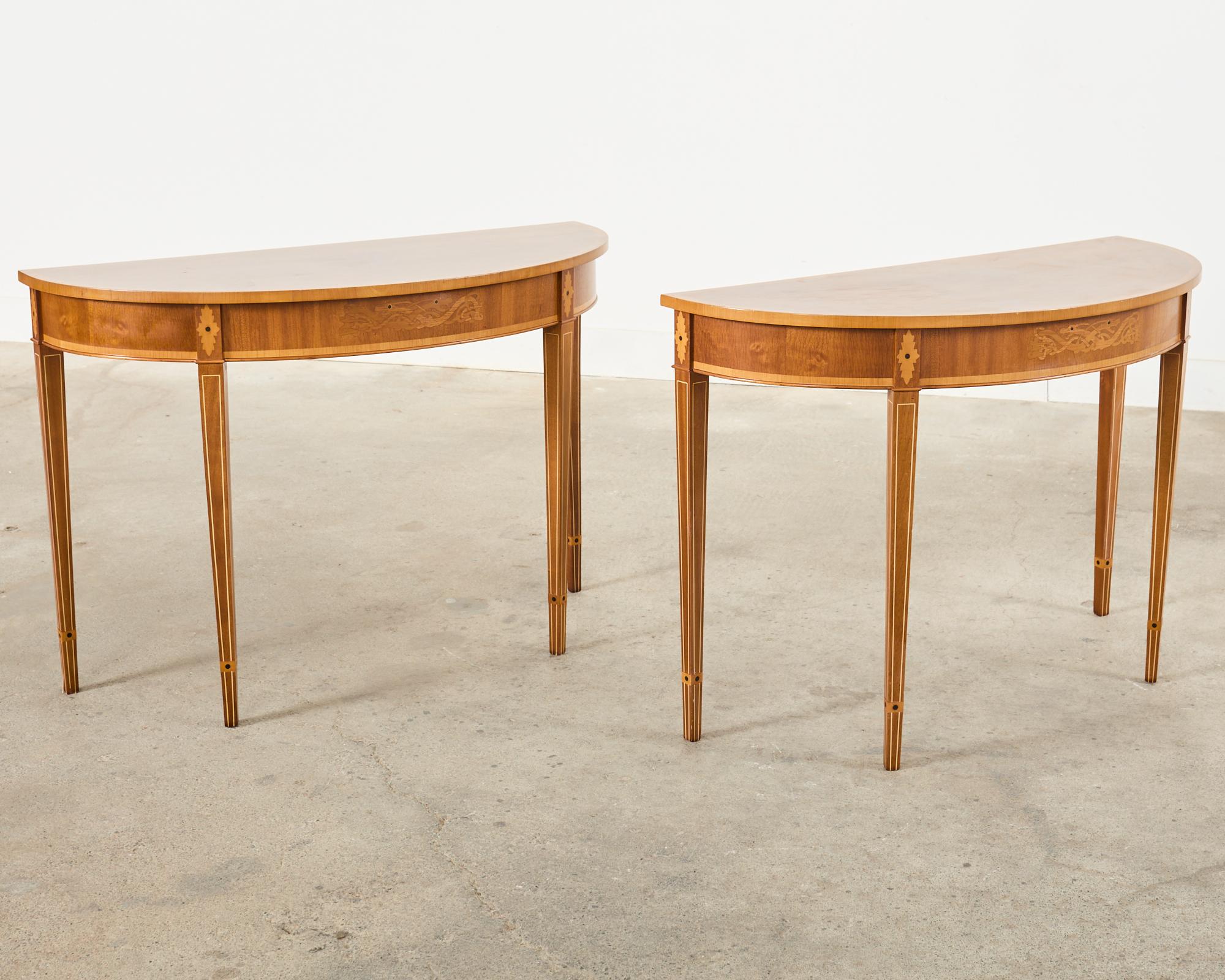 Federal Pair of Demilune Console Tables with Marquetry Inlay