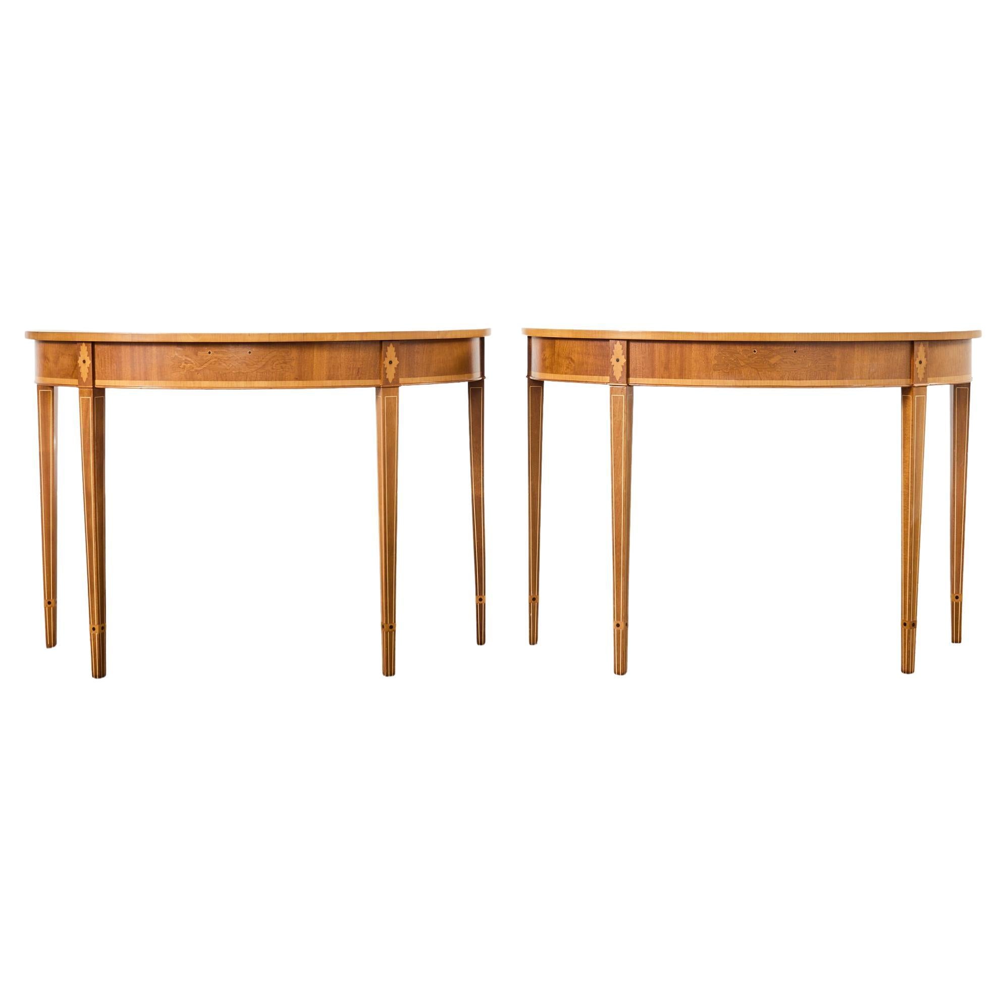 Pair of Demilune Console Tables with Marquetry Inlay For Sale