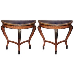 Pair of Demilune Consoles with Faux Painted Top and Gilt Accents