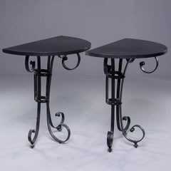 Pair of Demilune Consoles with Italian Iron Candelabra Base and Black Metal Tops
