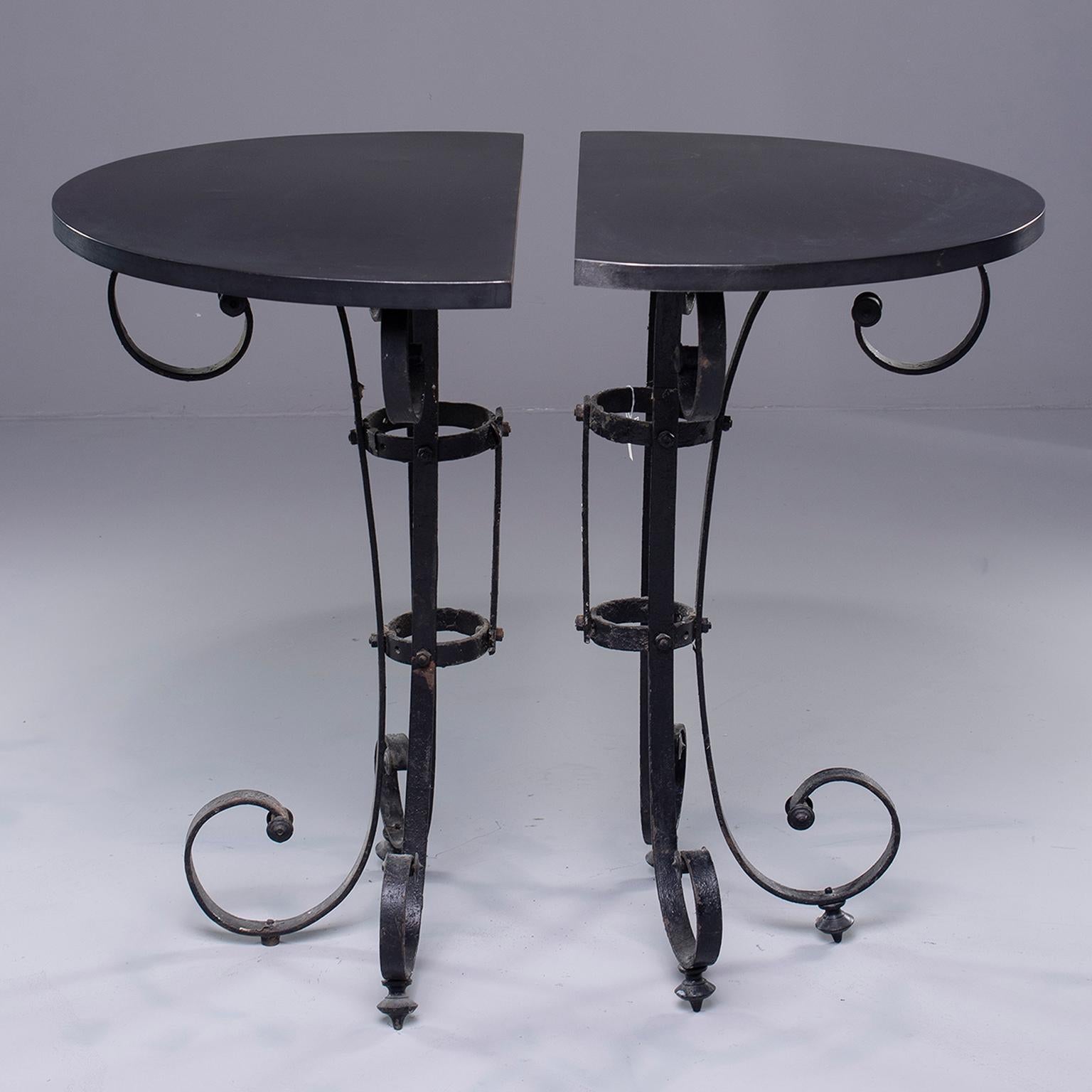 Pair of Demilune Consoles with Italian Iron Candelabra Base and Black Metal Tops In Good Condition In Troy, MI