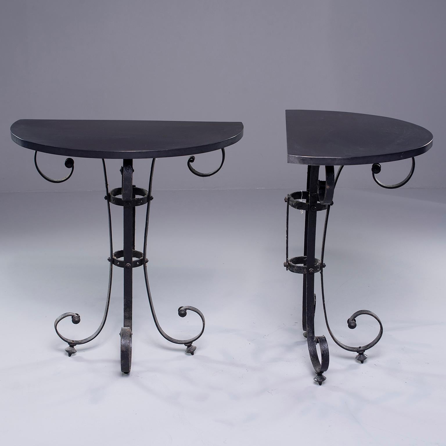 19th Century Pair of Demilune Consoles with Italian Iron Candelabra Base and Black Metal Tops