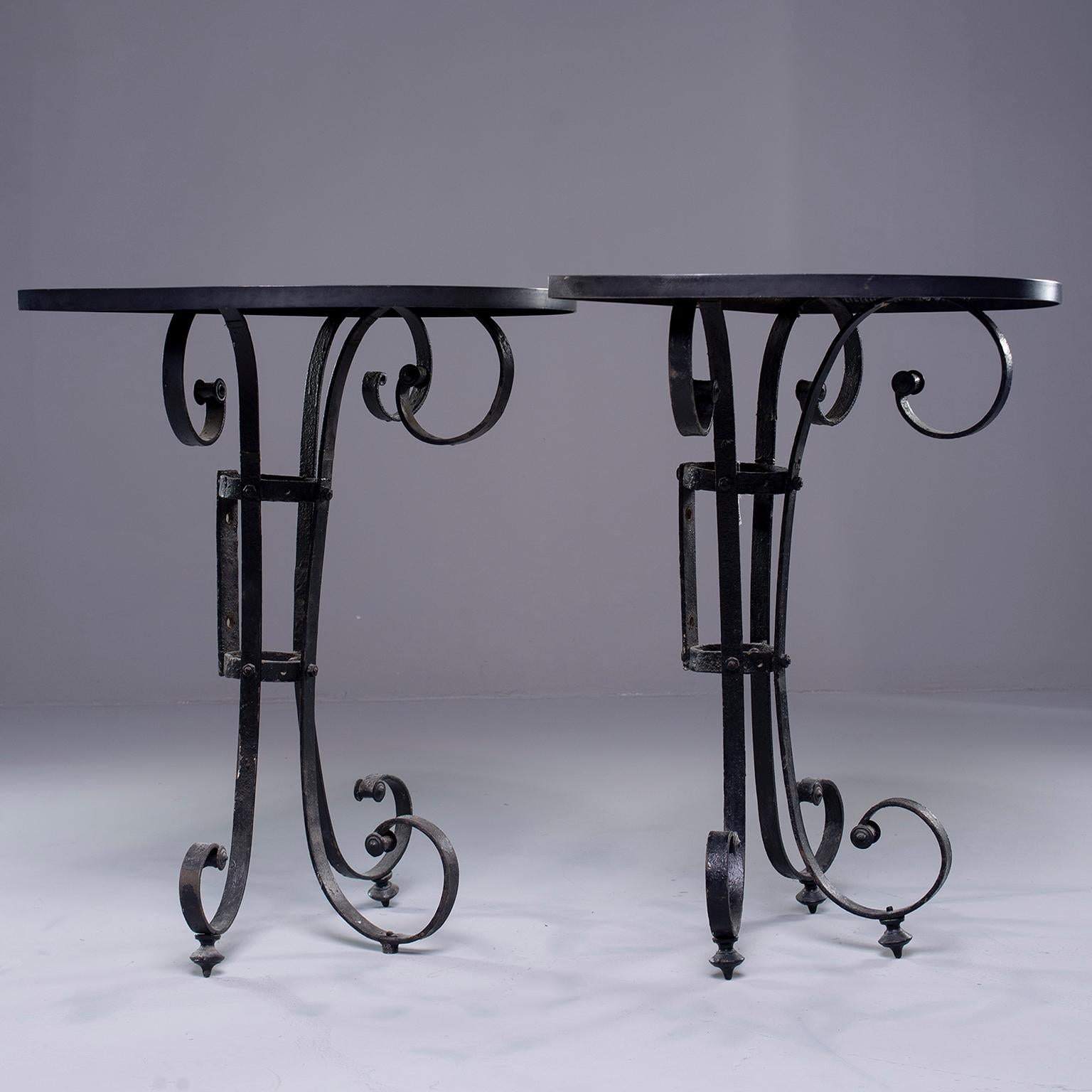 Pair of Demilune Consoles with Italian Iron Candelabra Base and Black Metal Tops (19. Jahrhundert)
