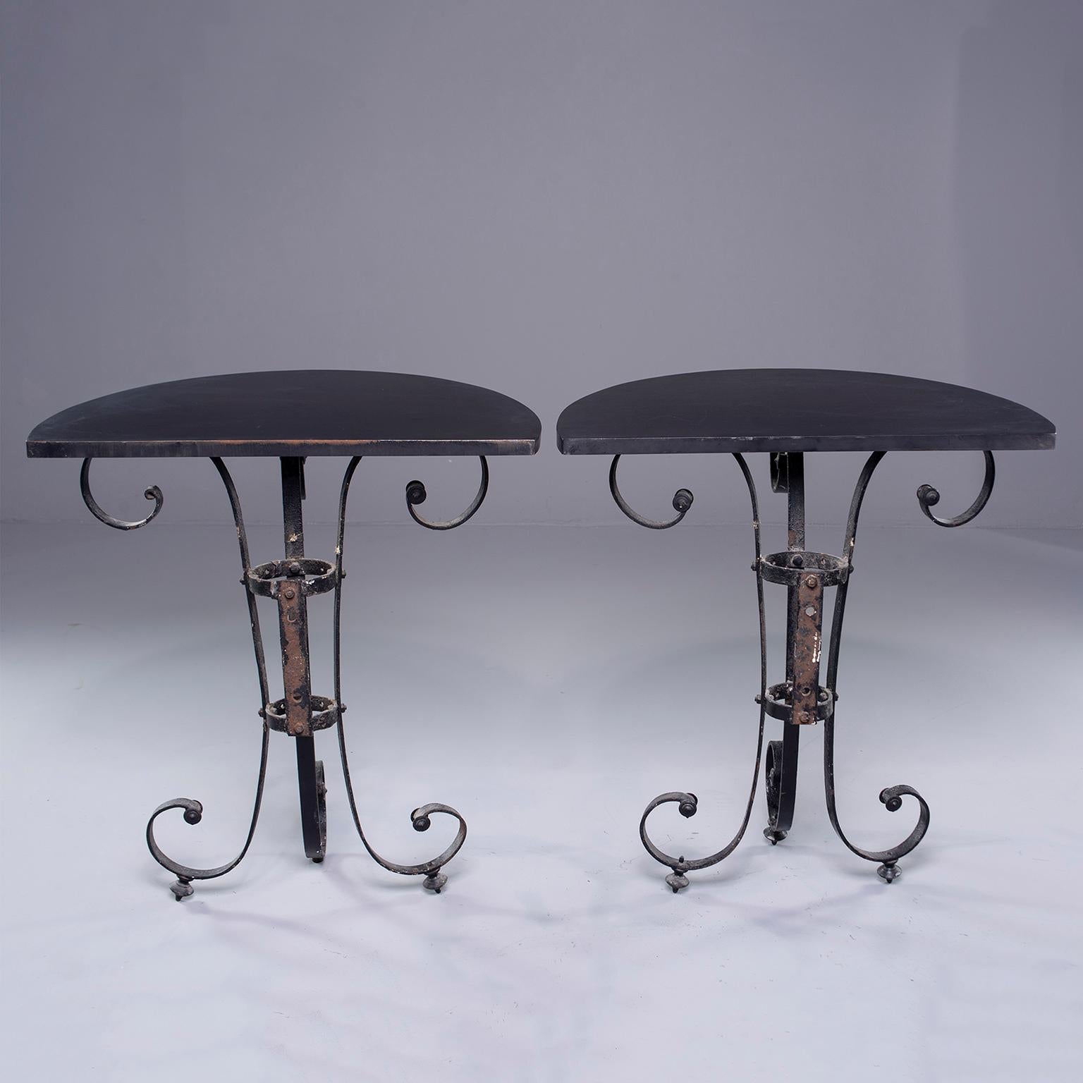 Pair of Demilune Consoles with Italian Iron Candelabra Base and Black Metal Tops 2