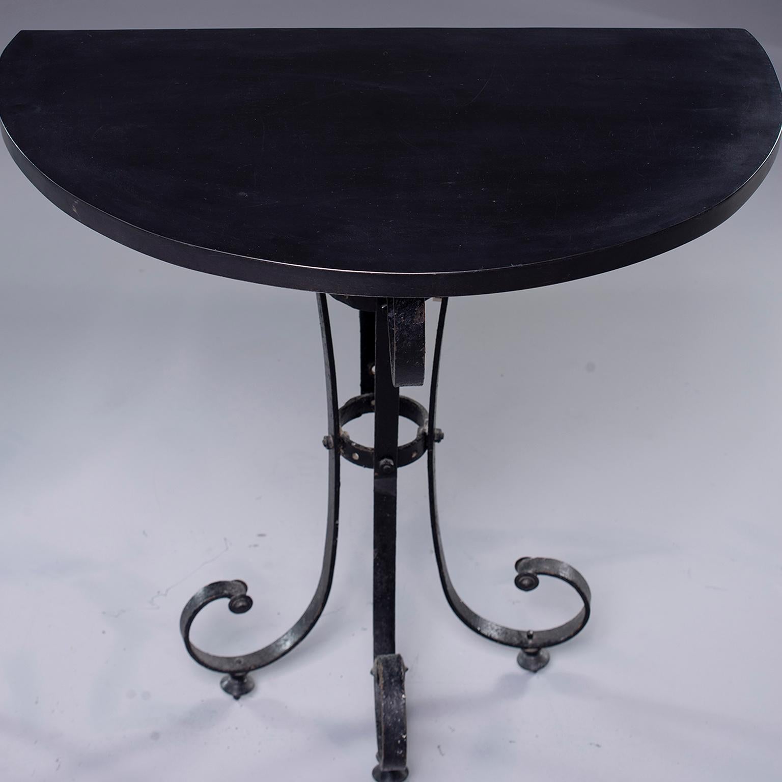 Pair of Demilune Consoles with Italian Iron Candelabra Base and Black Metal Tops 3