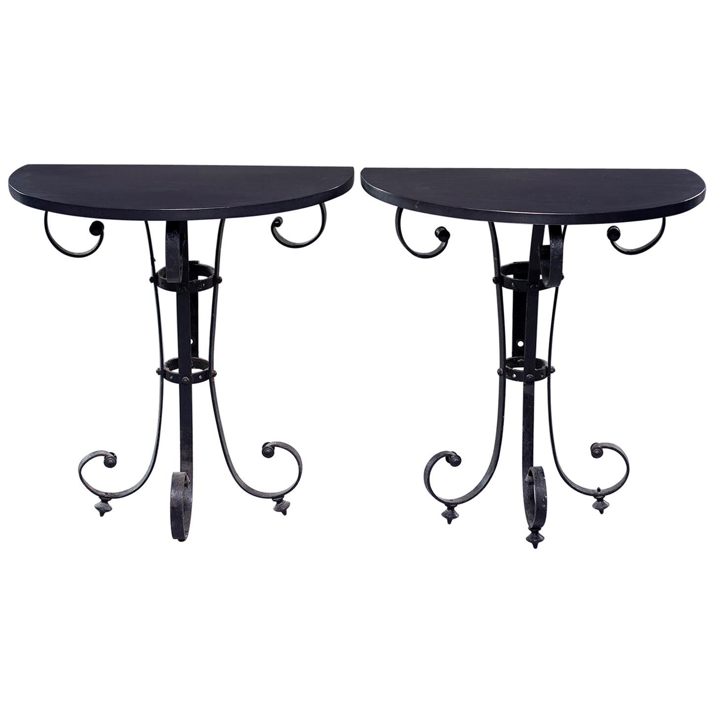 Pair of Demilune Consoles with Italian Iron Candelabra Base and Black Metal Tops