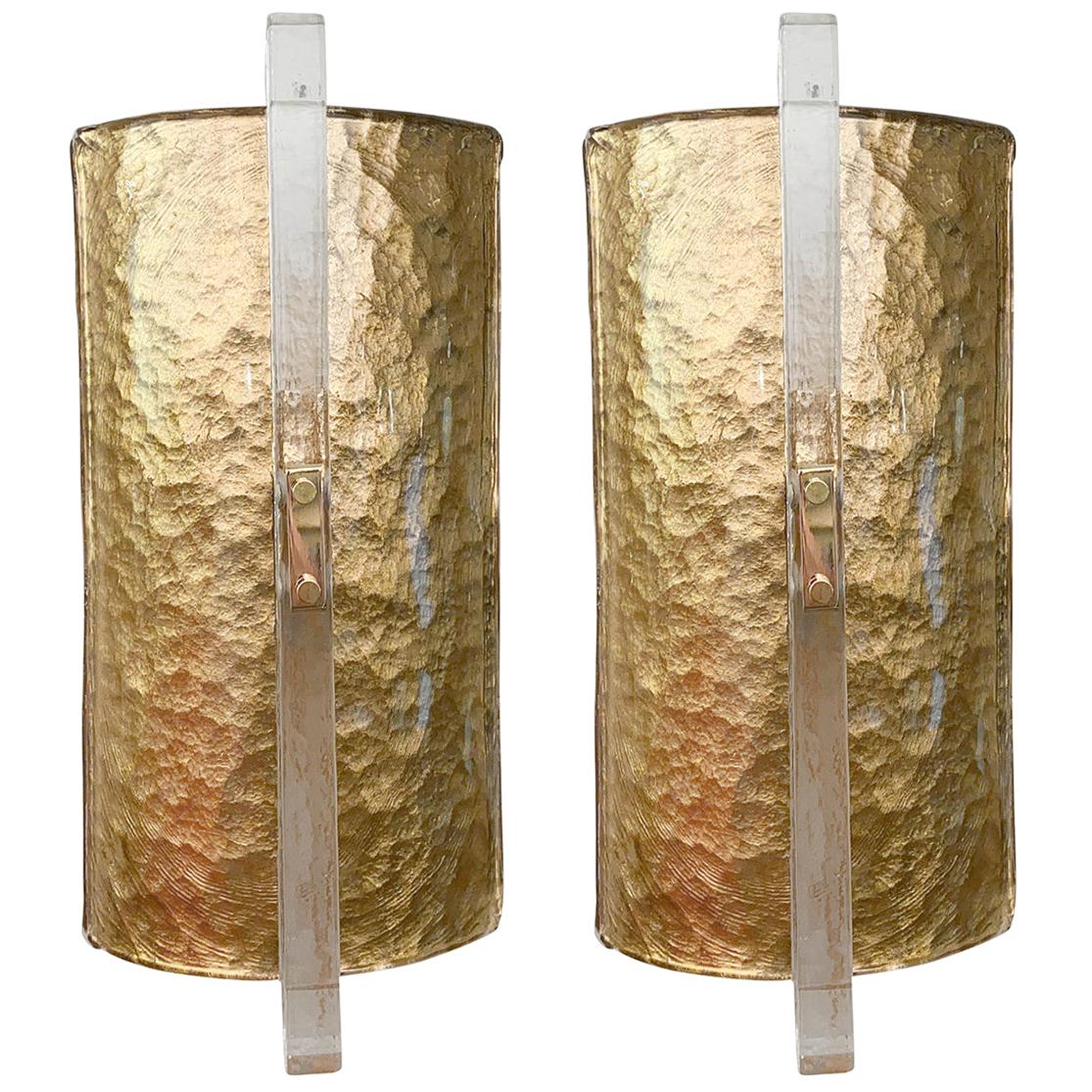 Pair of Demilune Icy Murano Glass Sconces For Sale