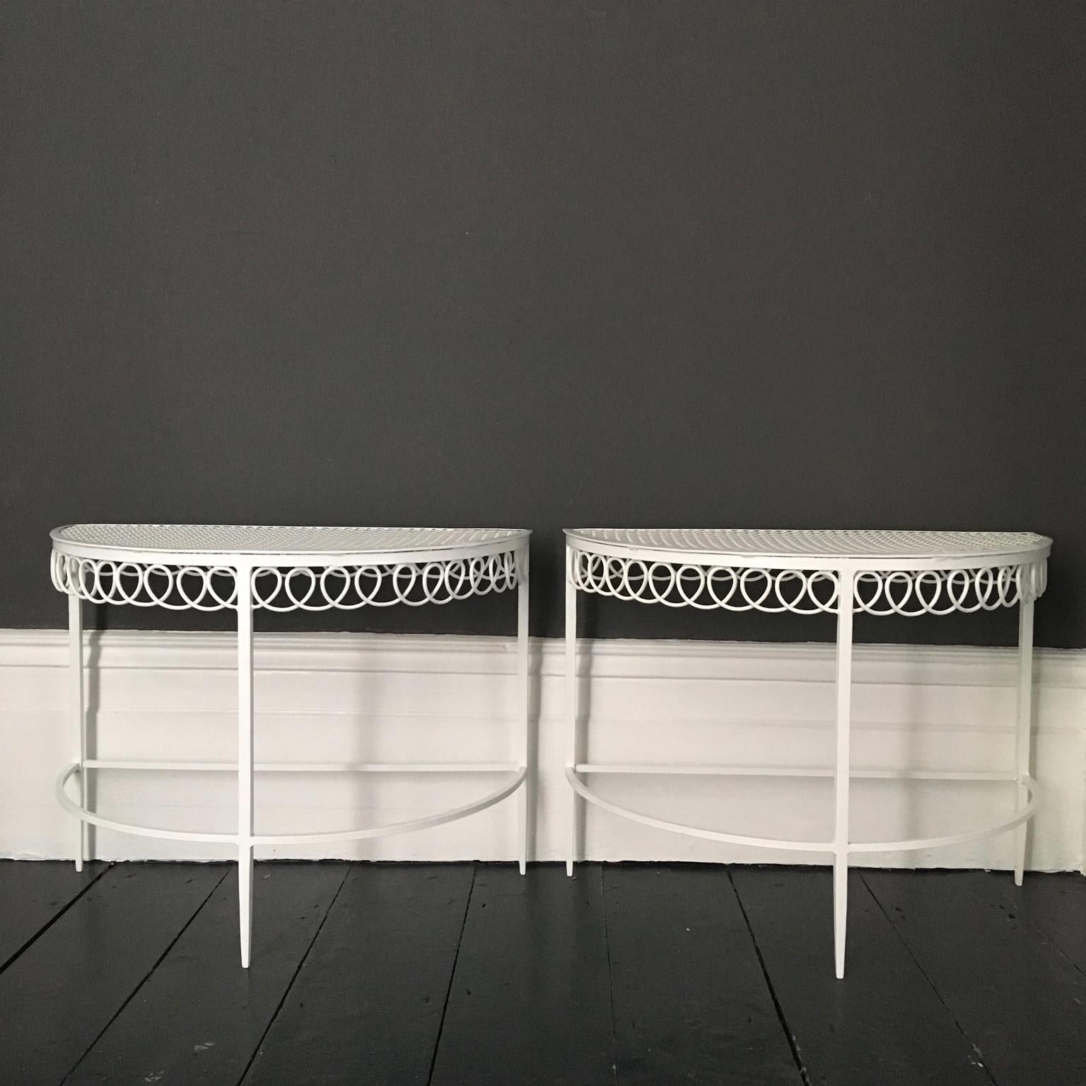 Mid-Century Modern Pair of Demilune Metal Tables in White by Matégot, Mid-20th Century France