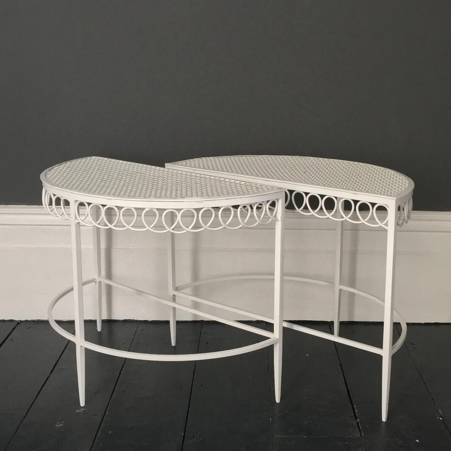 French Pair of Demilune Metal Tables in White by Matégot, Mid-20th Century France