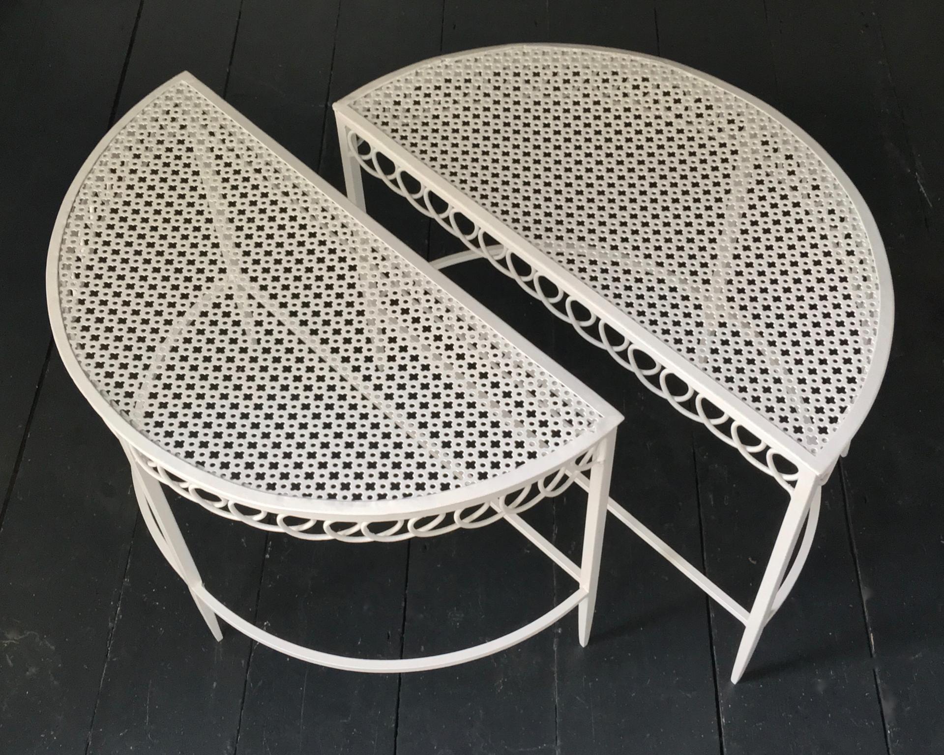 Painted Pair of Demilune Metal Tables in White by Matégot, Mid-20th Century France