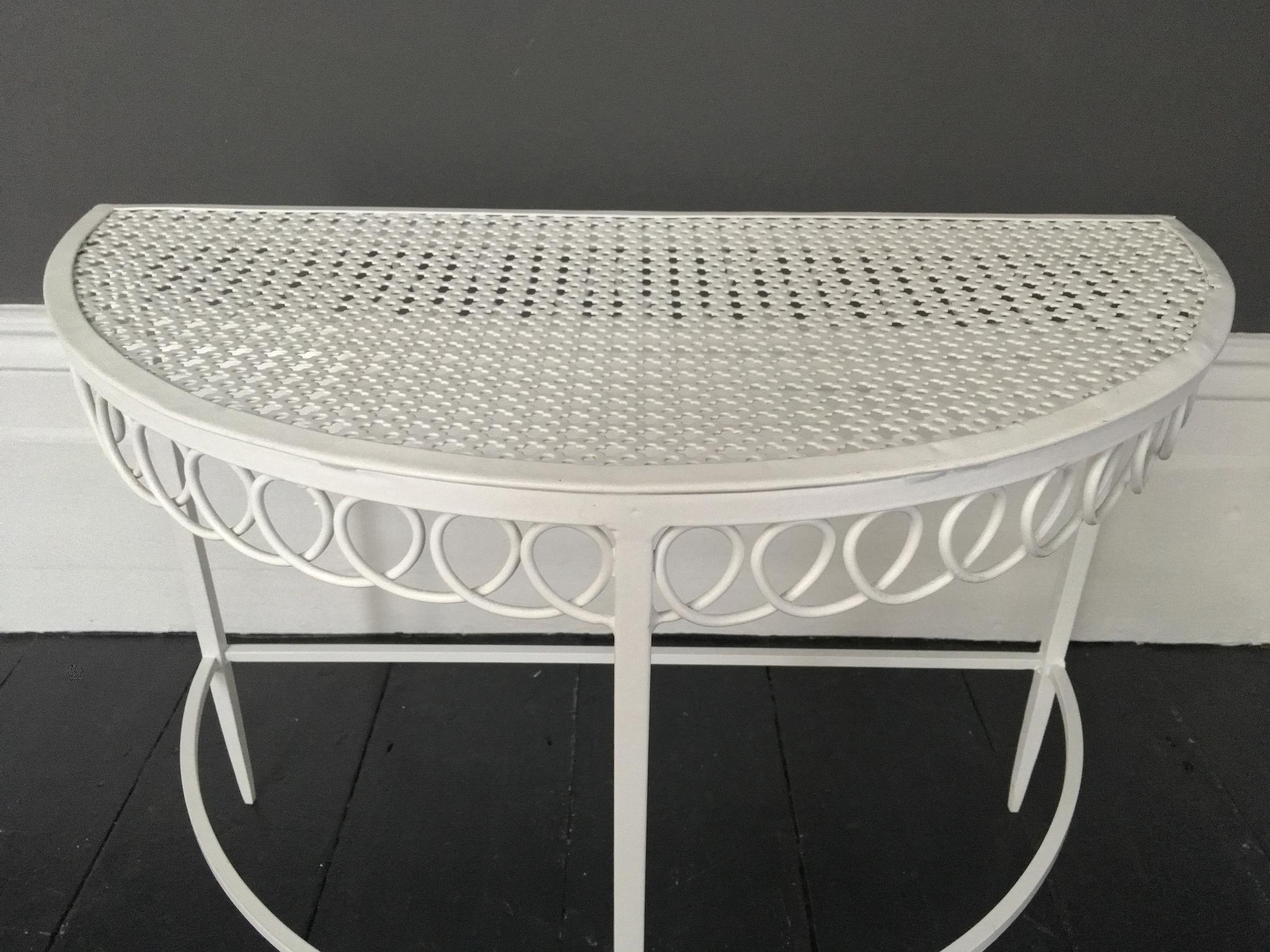 Cut Steel Pair of Demilune Metal Tables in White by Matégot, Mid-20th Century France