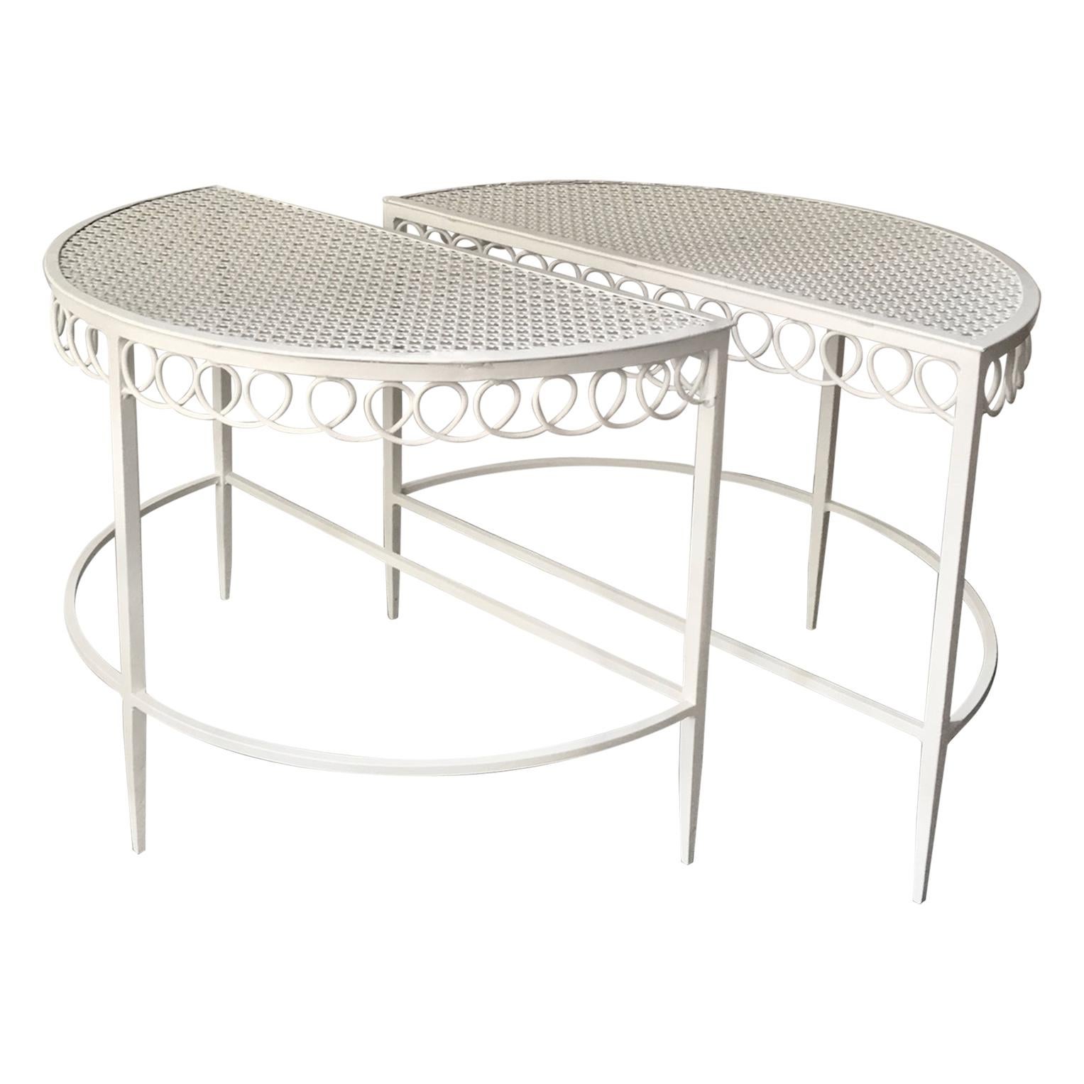 Pair of Demilune Metal Tables in White by Matégot, Mid-20th Century France