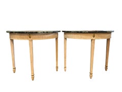 Pair of Demilune Painted Classical Console Tables with Green Marble Tops