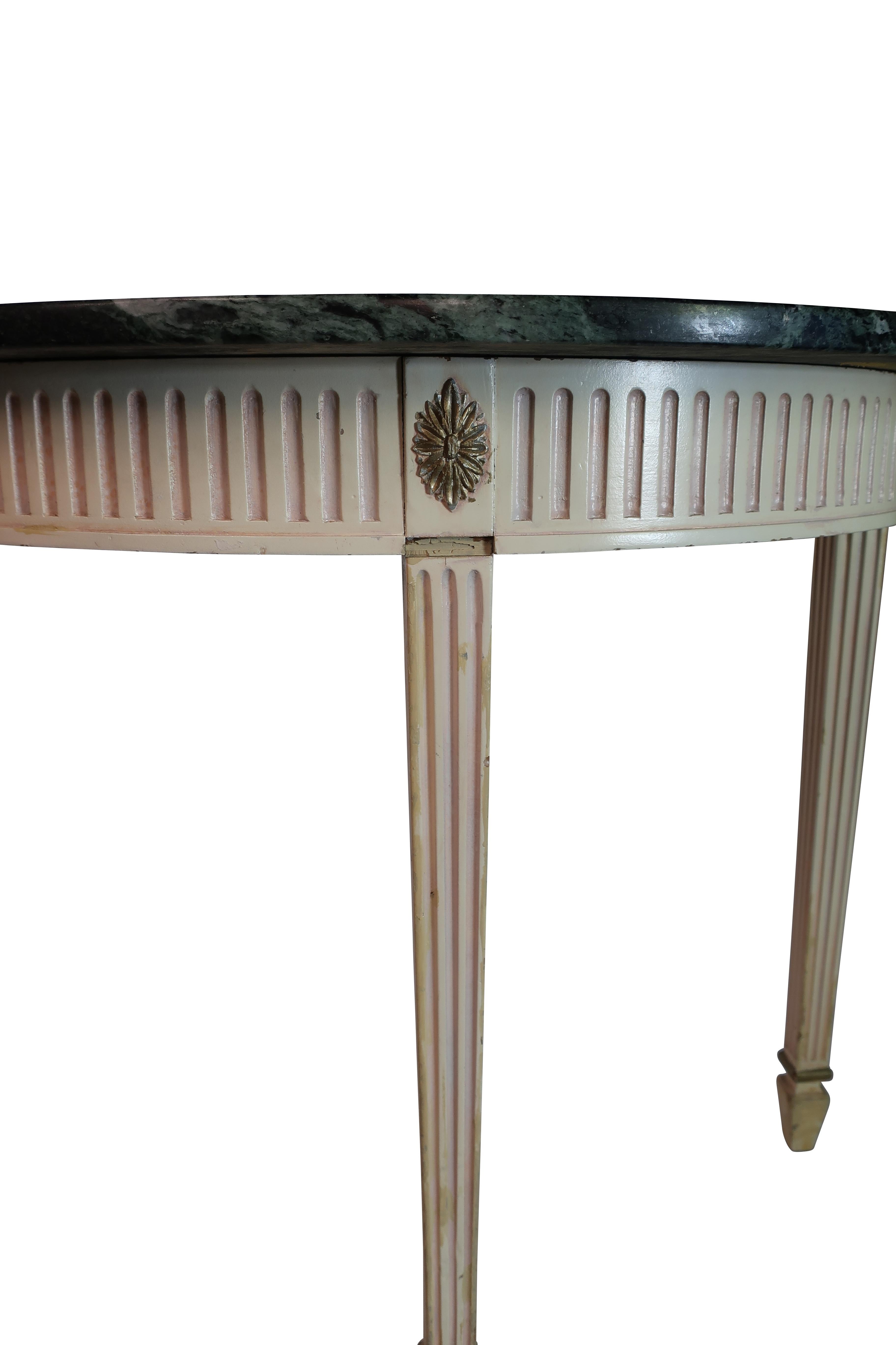 Pair of Demilune Painted Classical Console Tables with Green Marble Tops In Good Condition In Essex, MA