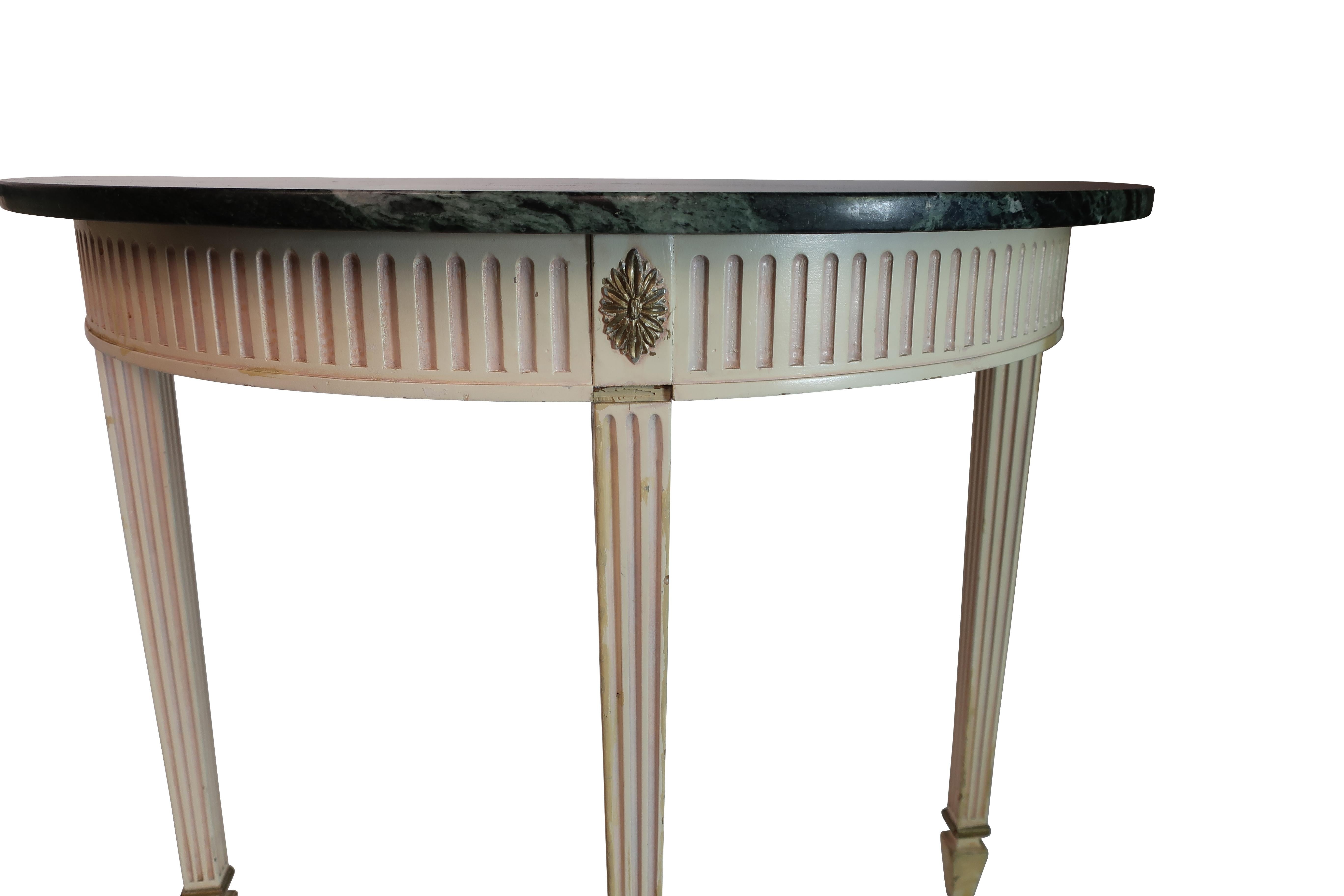Mid-20th Century Pair of Demilune Painted Classical Console Tables with Green Marble Tops