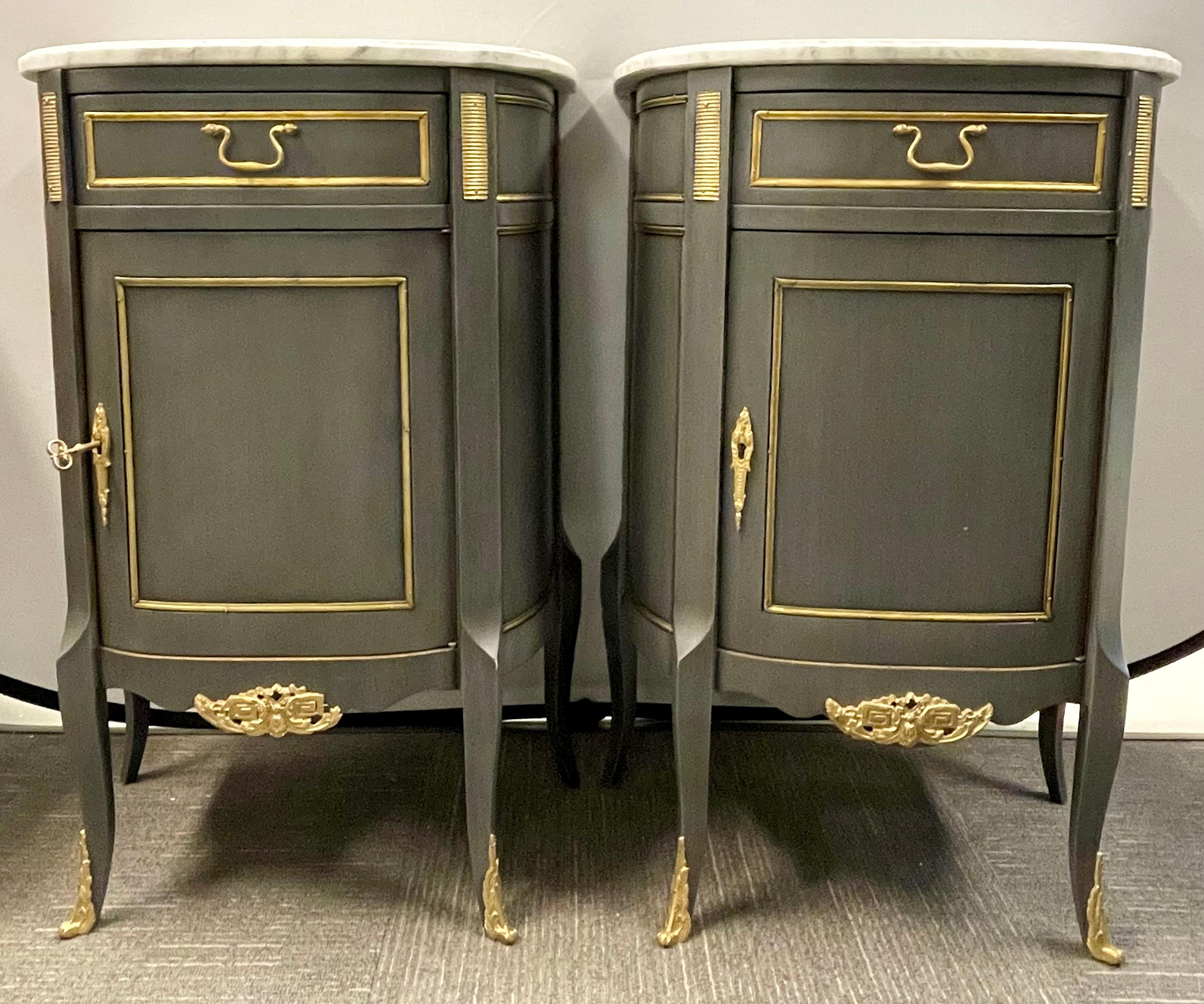 Pair of Demilune Painted Marble Top Louis XV Style Nightstands or End Tables In Good Condition In Manhasset, NY