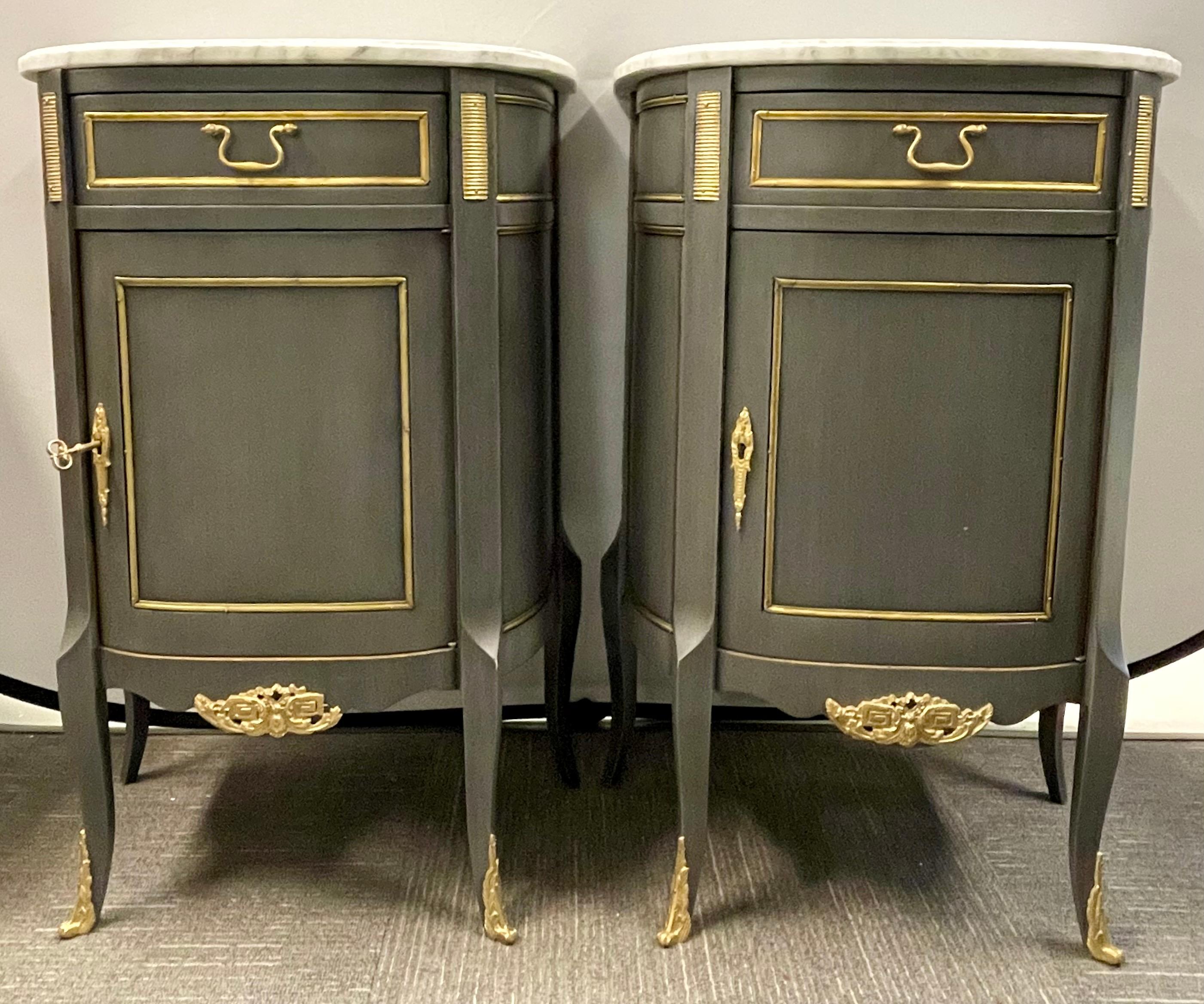 Pair of Demilune Painted Marble Top Louis XV Style Nightstands or End Tables In Good Condition In Stamford, CT