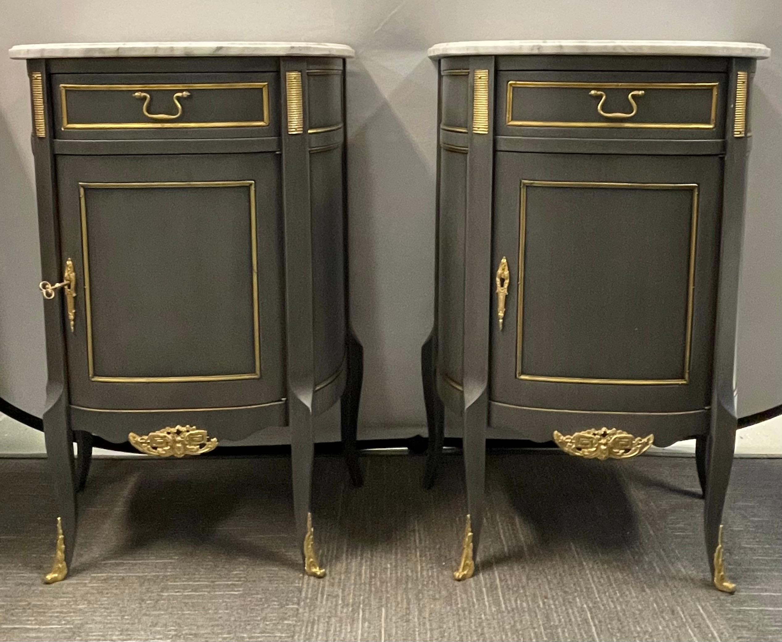 20th Century Pair of Demilune Painted Marble Top Louis XV Style Nightstands or End Tables