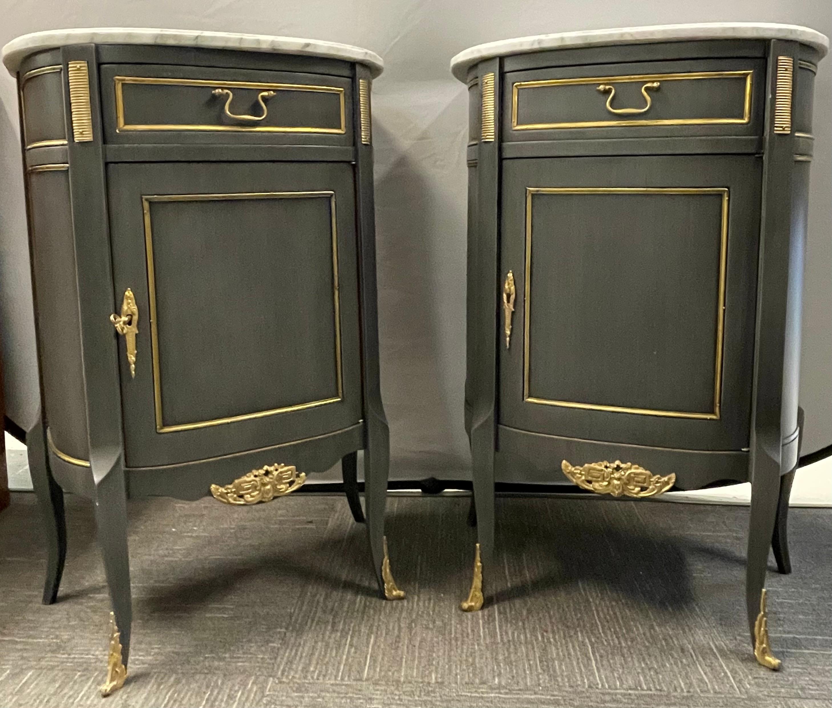 Bronze Pair of Demilune Painted Marble Top Louis XV Style Nightstands or End Tables