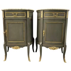 Pair of Demilune Painted Marble Top Louis XV Style Nightstands or End Tables