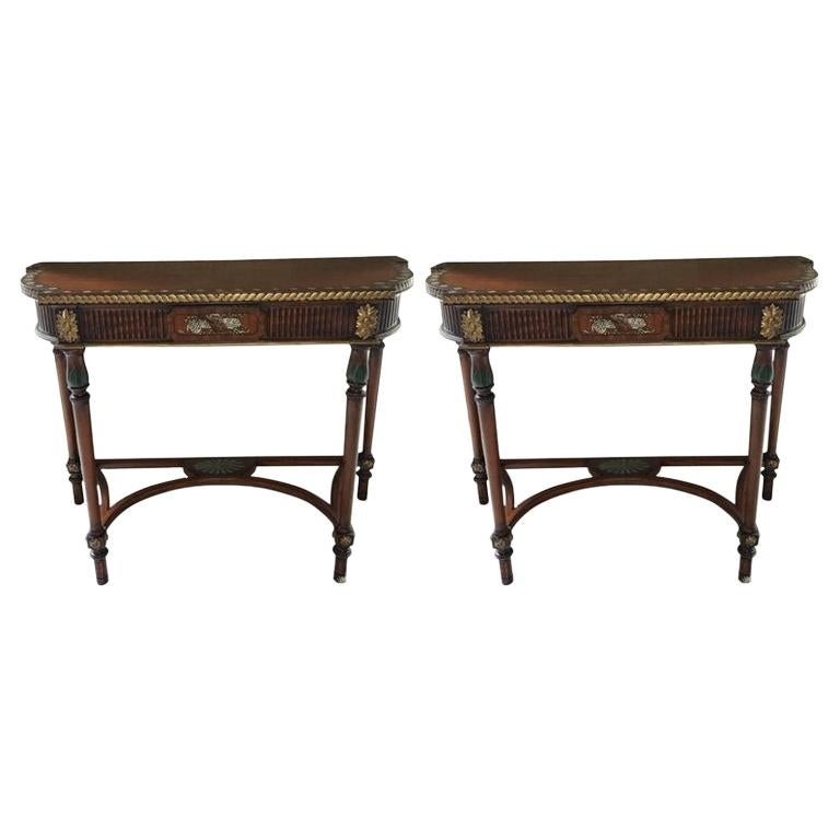 Pair of Demilune Tables with Hand Painted Flowers, 20th Century