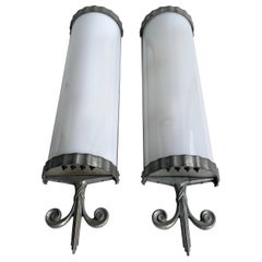 Used Pair of Demilune White Opaline Glass Art Deco Wall Sconces