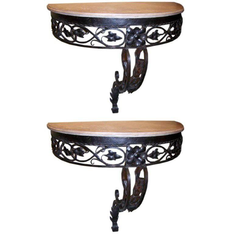 Pair of Demilune Wrought Iron and Travertine Console Tables, Early 20th Century