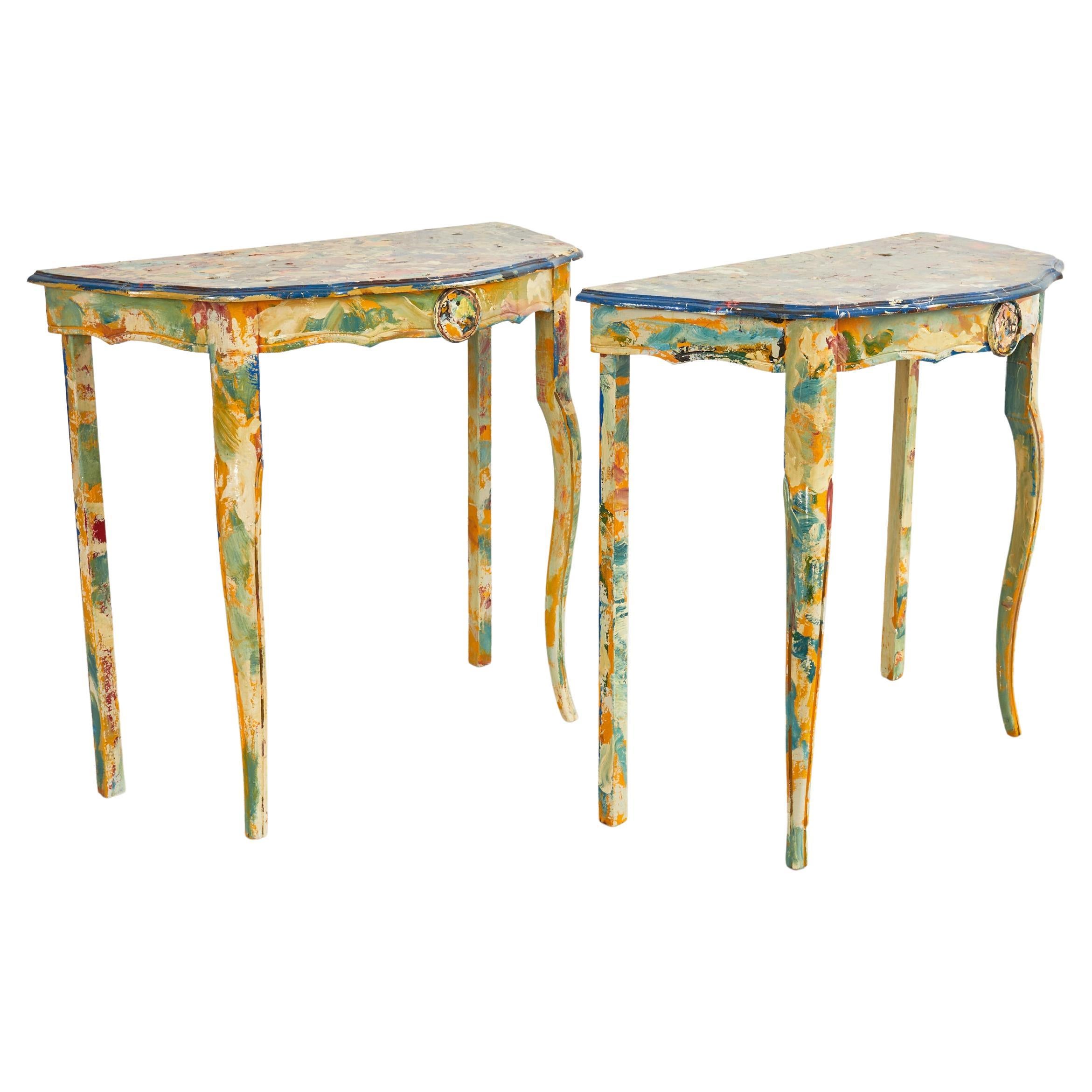 Pair of Demilunes or Center Table Painted by Ira Yeager For Sale