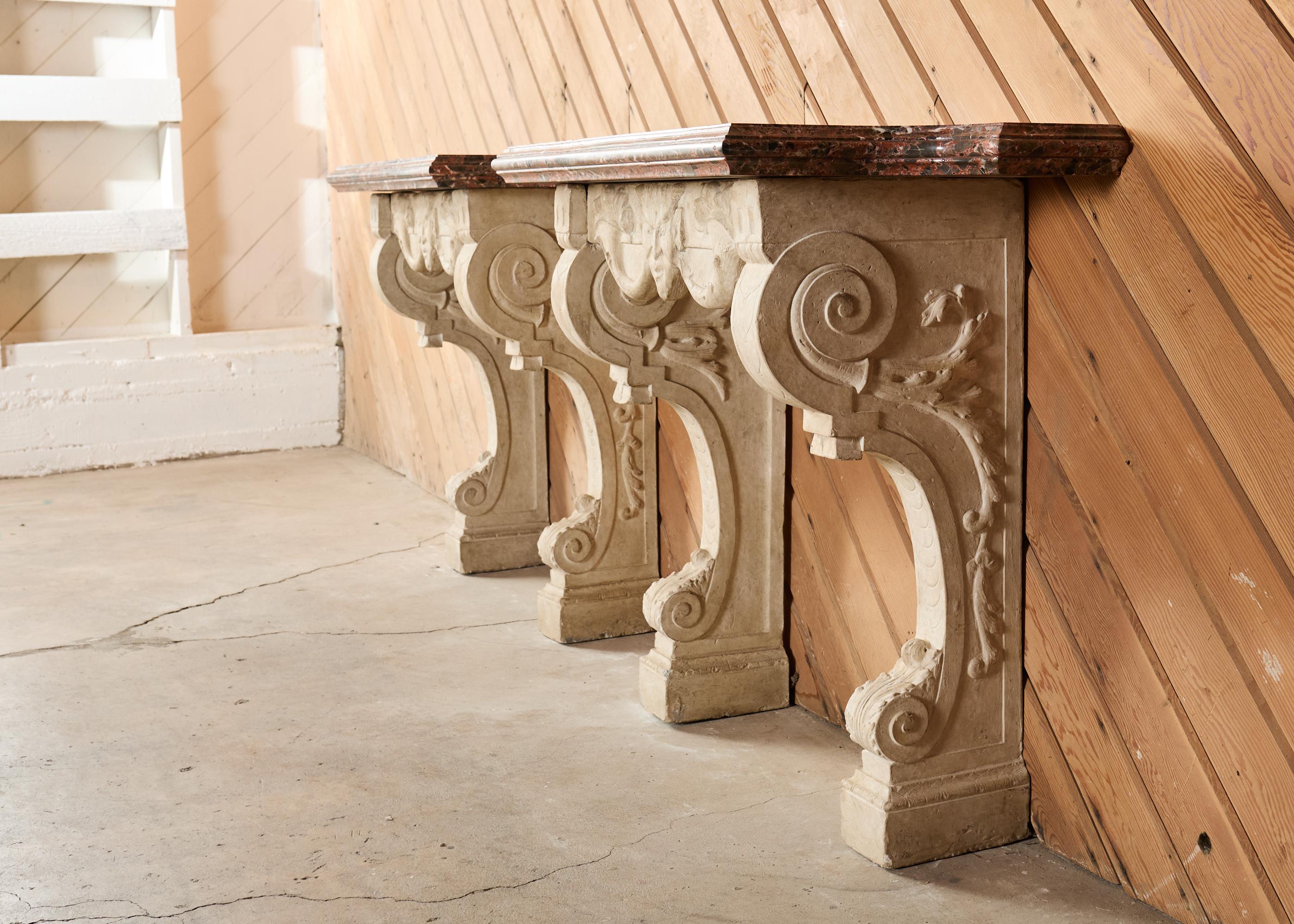 Néoclassique Pair of Dennis and Leen Hadrian Stone Marble Top Wall Consoles en vente