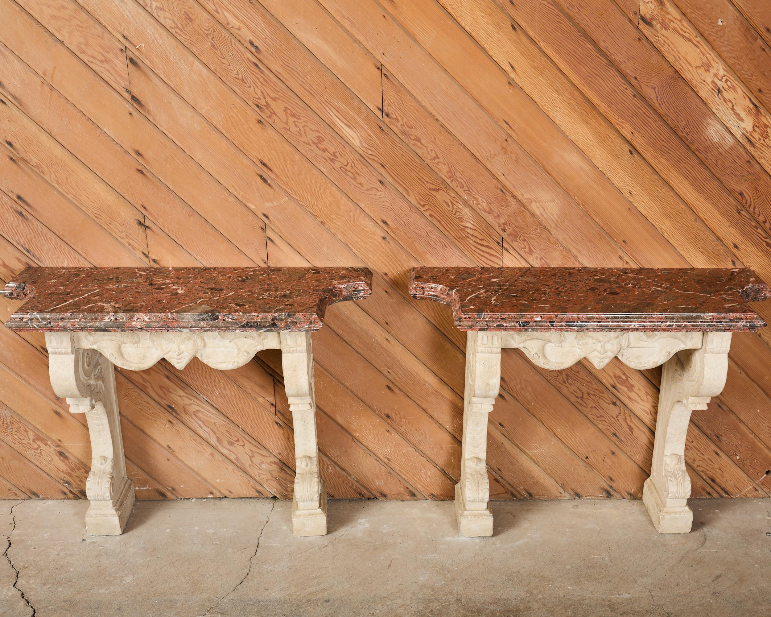Américain Pair of Dennis and Leen Hadrian Stone Marble Top Wall Consoles en vente