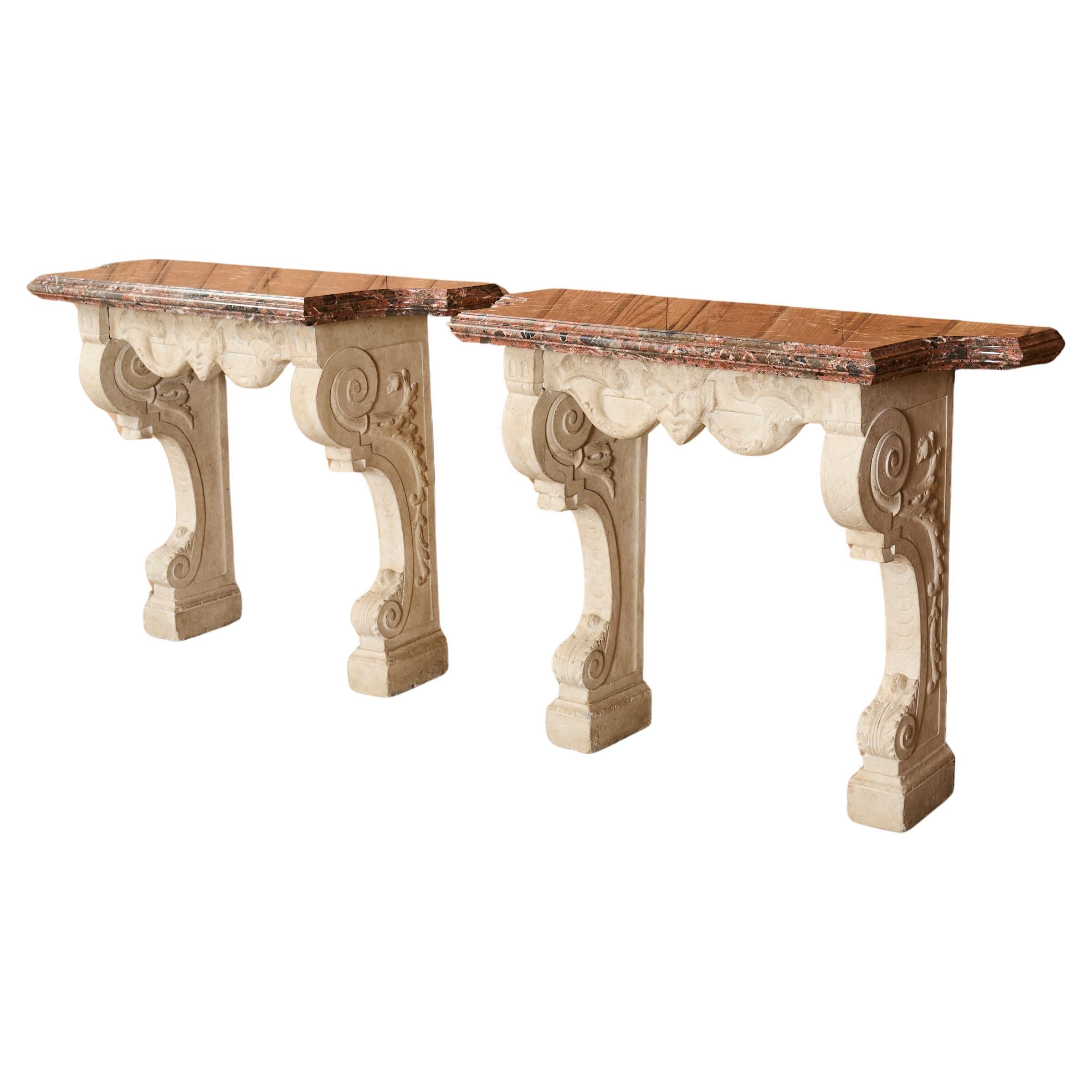 Pair of Dennis and Leen Hadrian Stone Marble Top Wall Consoles en vente