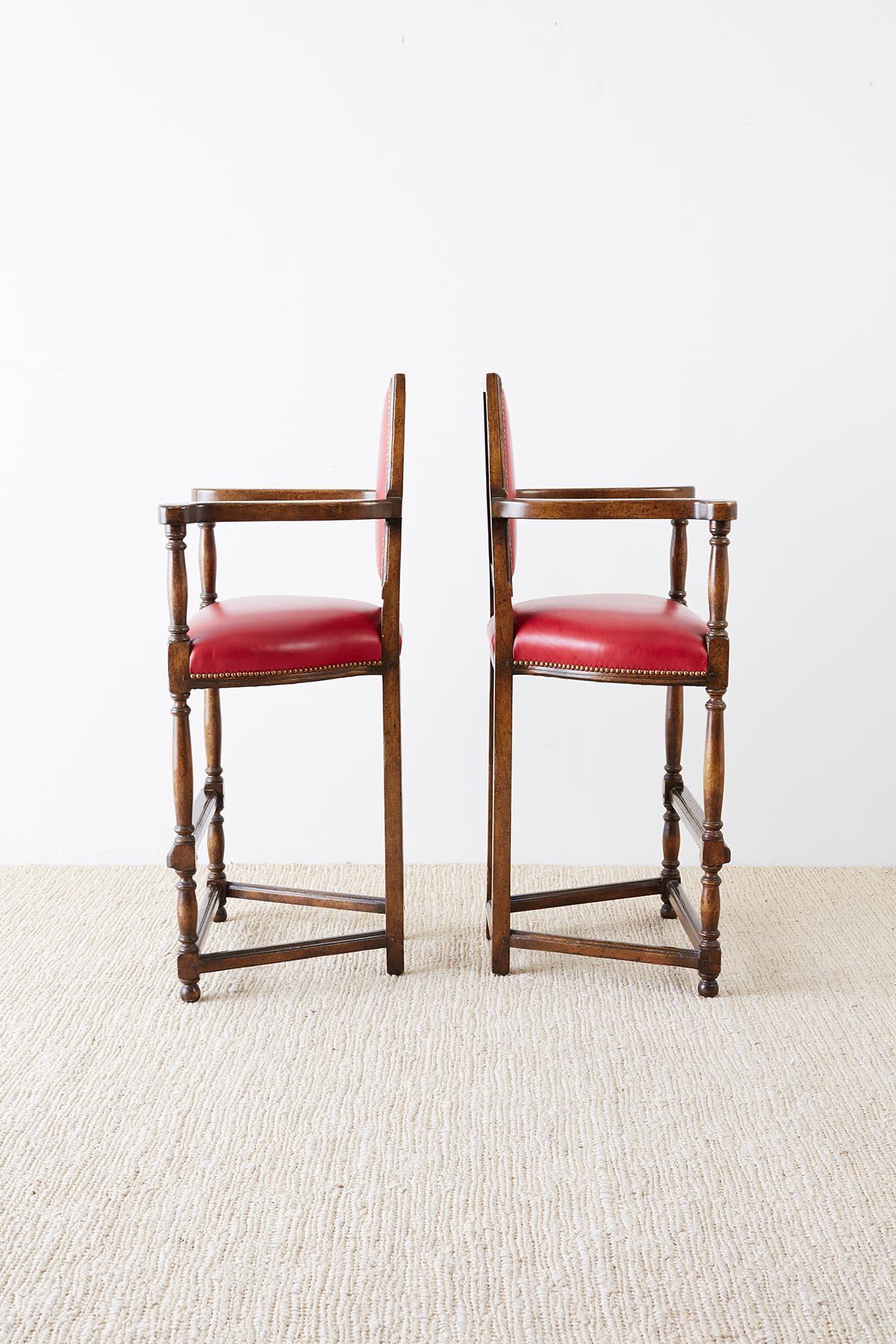 Louis XIII Pair of Dennis Leen Walnut and Leather Bar Stools