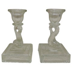 Pair of Depression Imperial Clear Glass Empire Style Dolphin Candlesticks