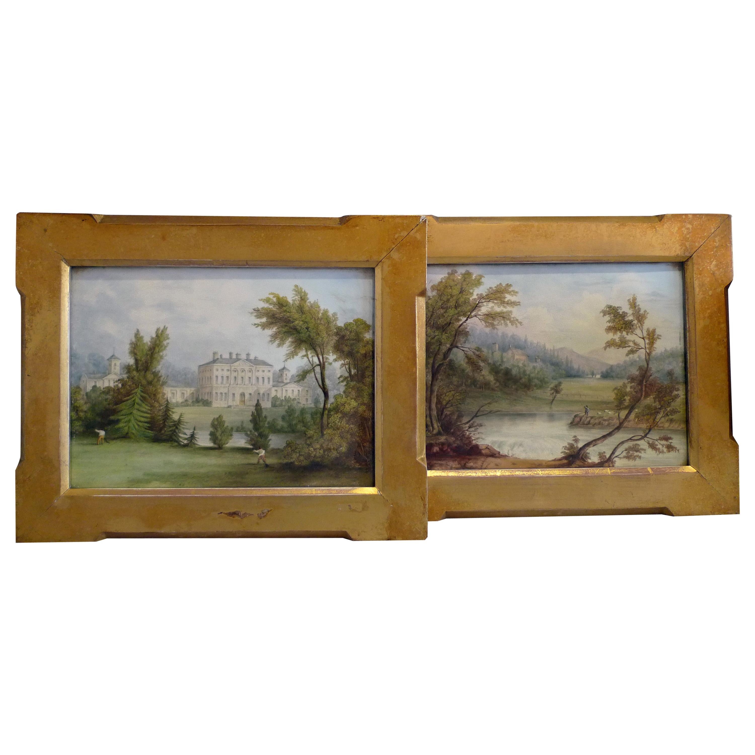 Pair of Derby English Porcelain Plaques Painted by Wm Hancock in Gilded Frames