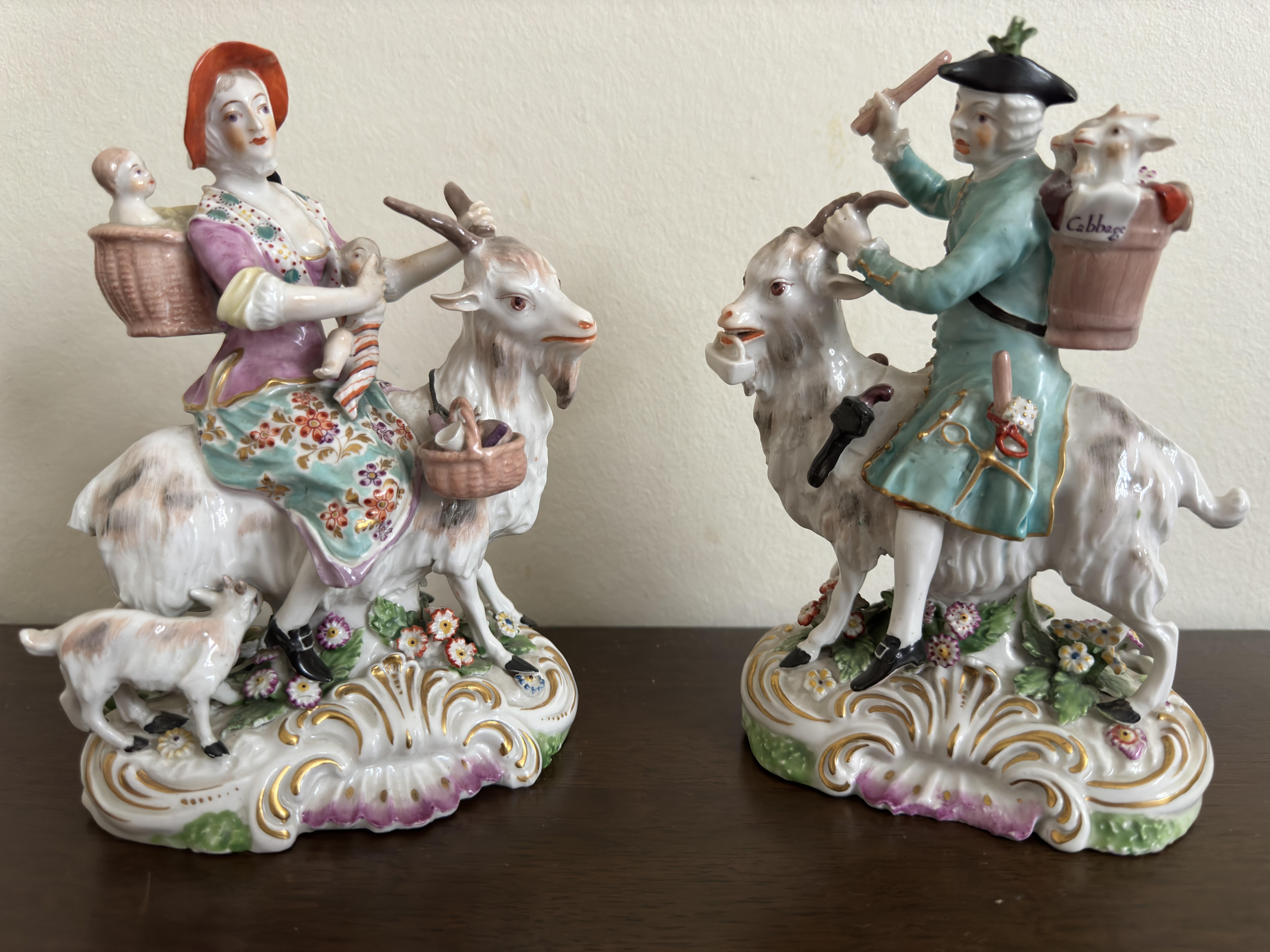 Pair of Derby Figures ' Welch Tailor and his Wife on Goats' circa 1800 For Sale 2