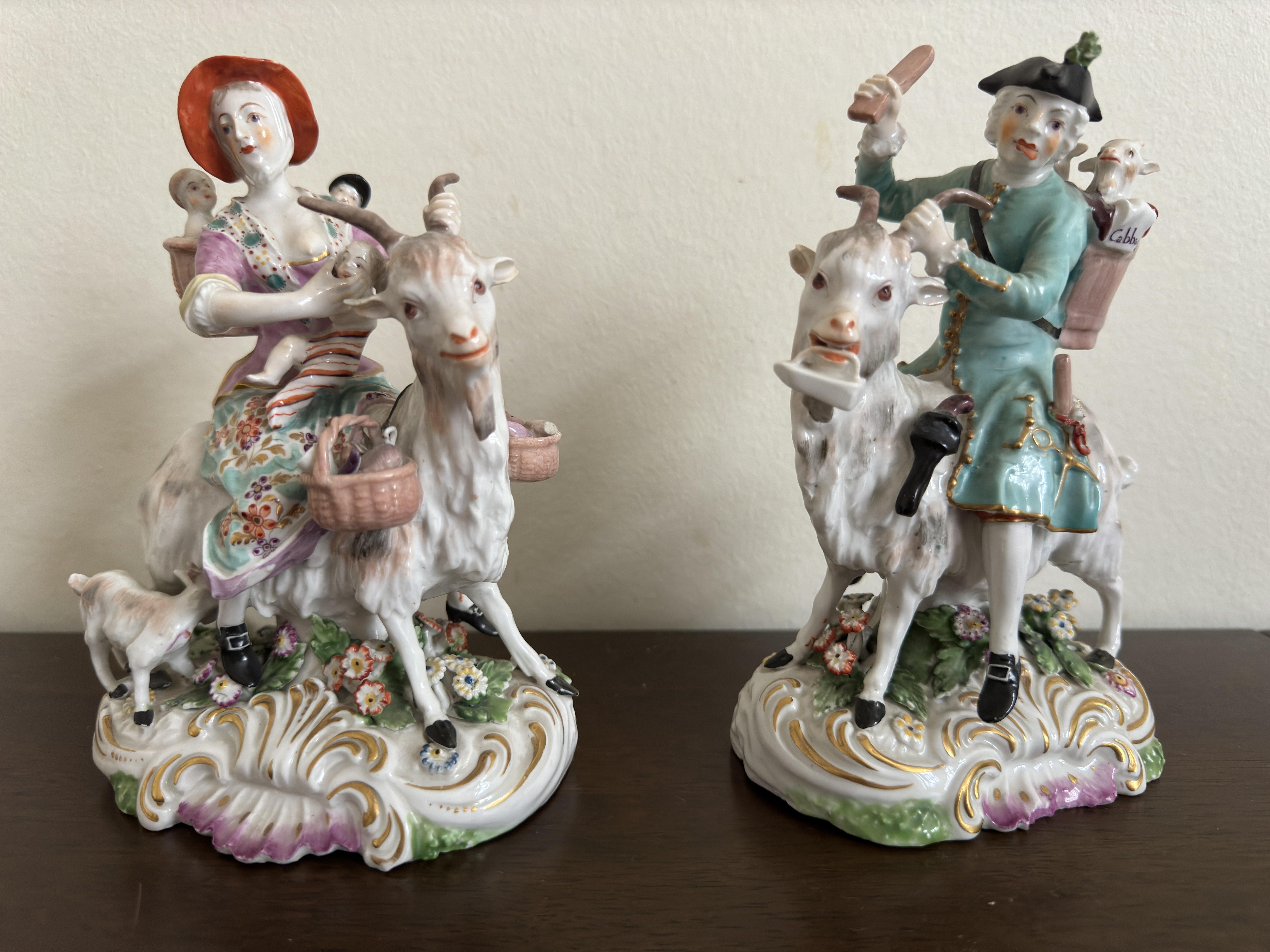 Pair of Derby Figures ' Welch Tailor and his Wife on Goats' circa 1800 For Sale 3
