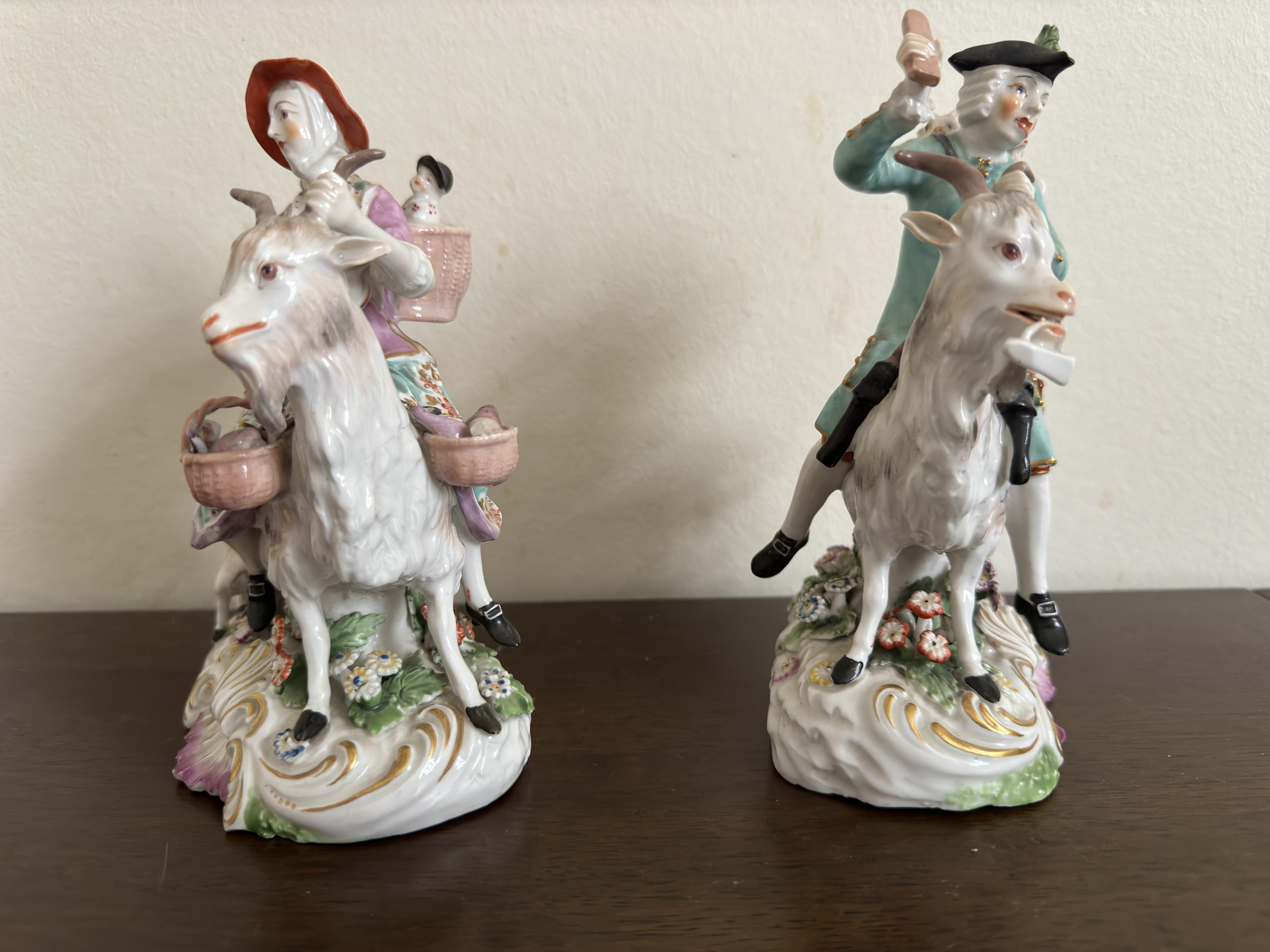 Rococo Pair of Derby Figures ' Welch Tailor and his Wife on Goats' circa 1800 For Sale