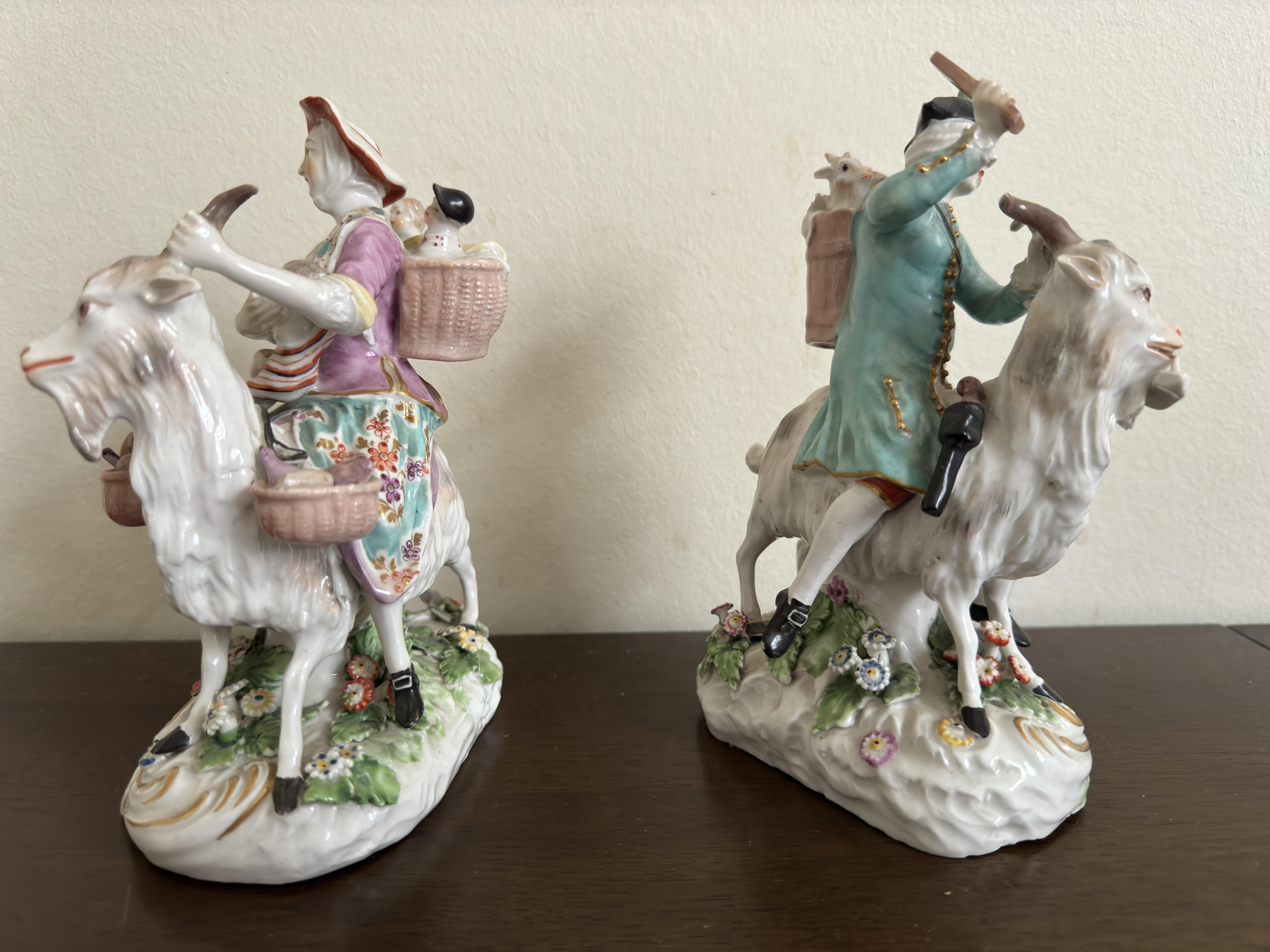 English Pair of Derby Figures ' Welch Tailor and his Wife on Goats' circa 1800 For Sale