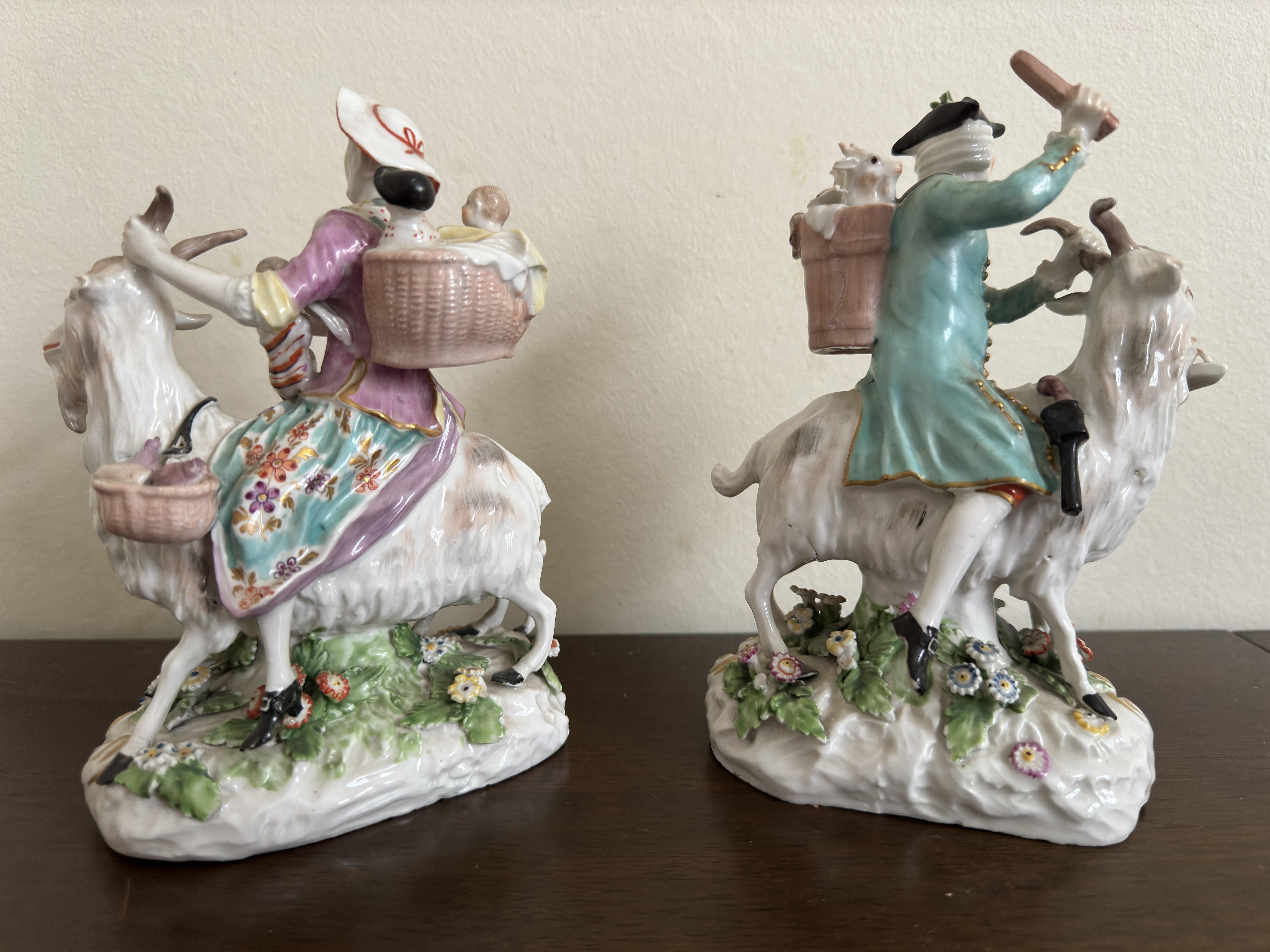 Hand-Painted Pair of Derby Figures ' Welch Tailor and his Wife on Goats' circa 1800 For Sale