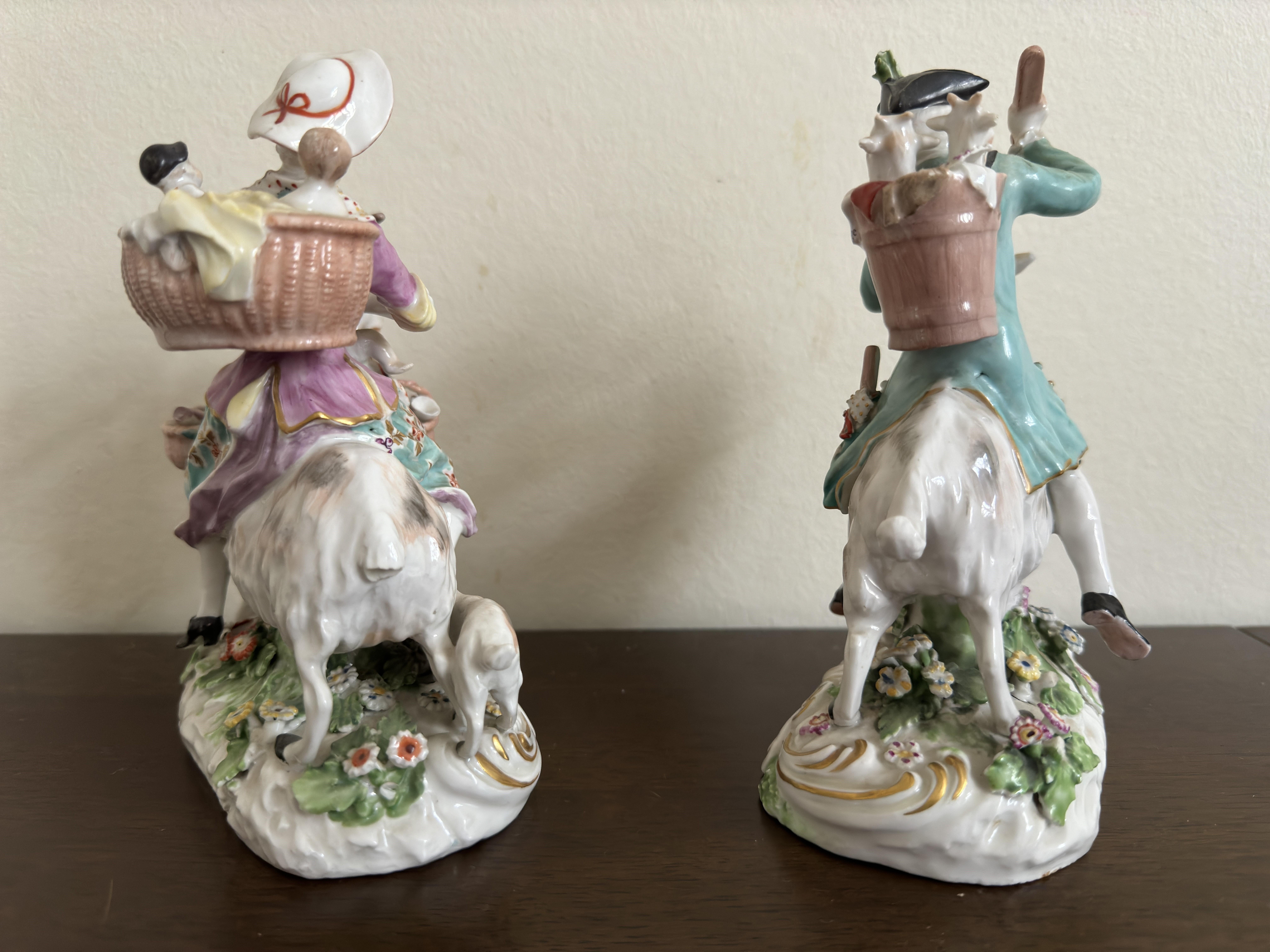 19th Century Pair of Derby Figures ' Welch Tailor and his Wife on Goats' circa 1800 For Sale
