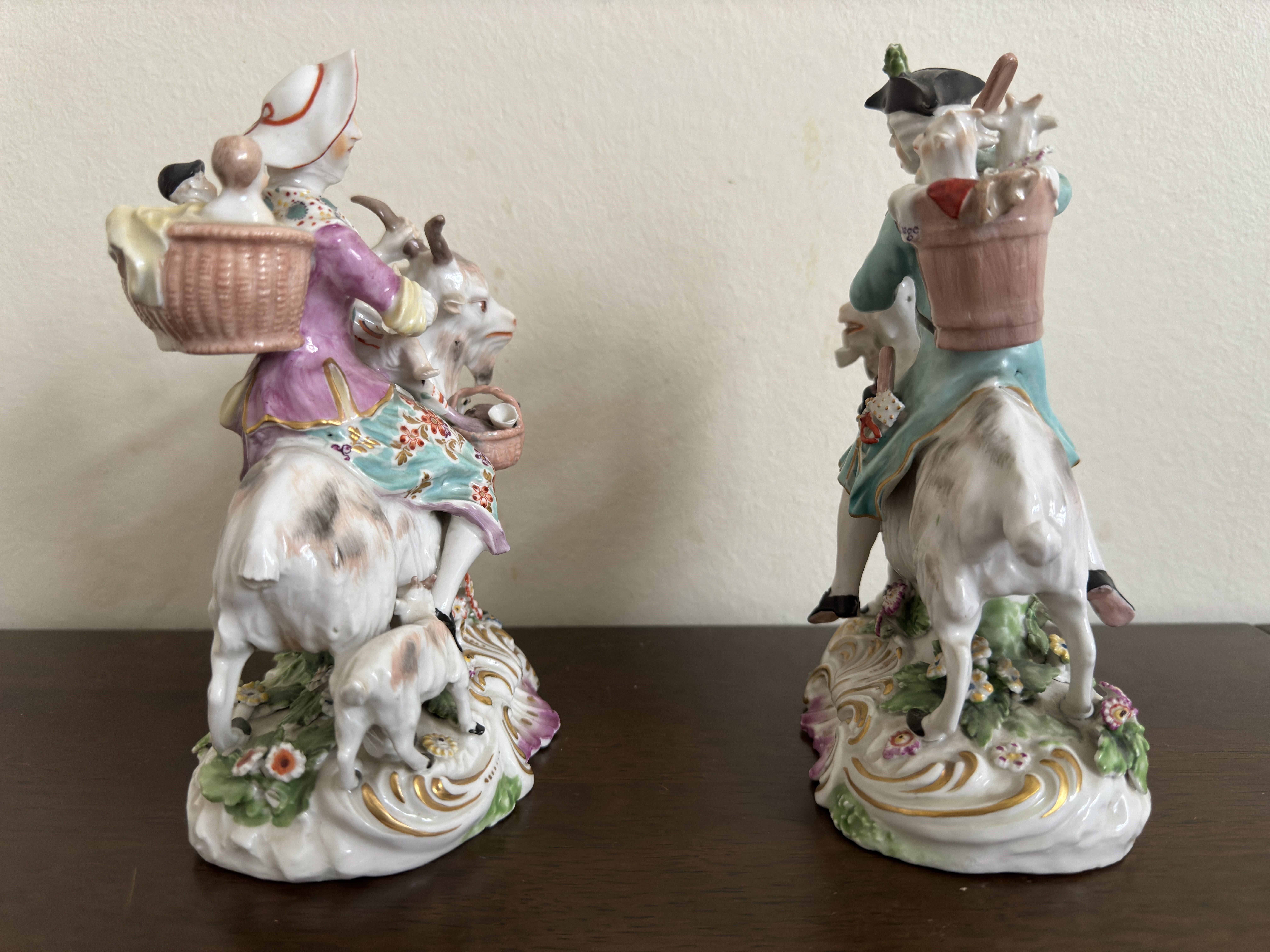 Porcelain Pair of Derby Figures ' Welch Tailor and his Wife on Goats' circa 1800 For Sale