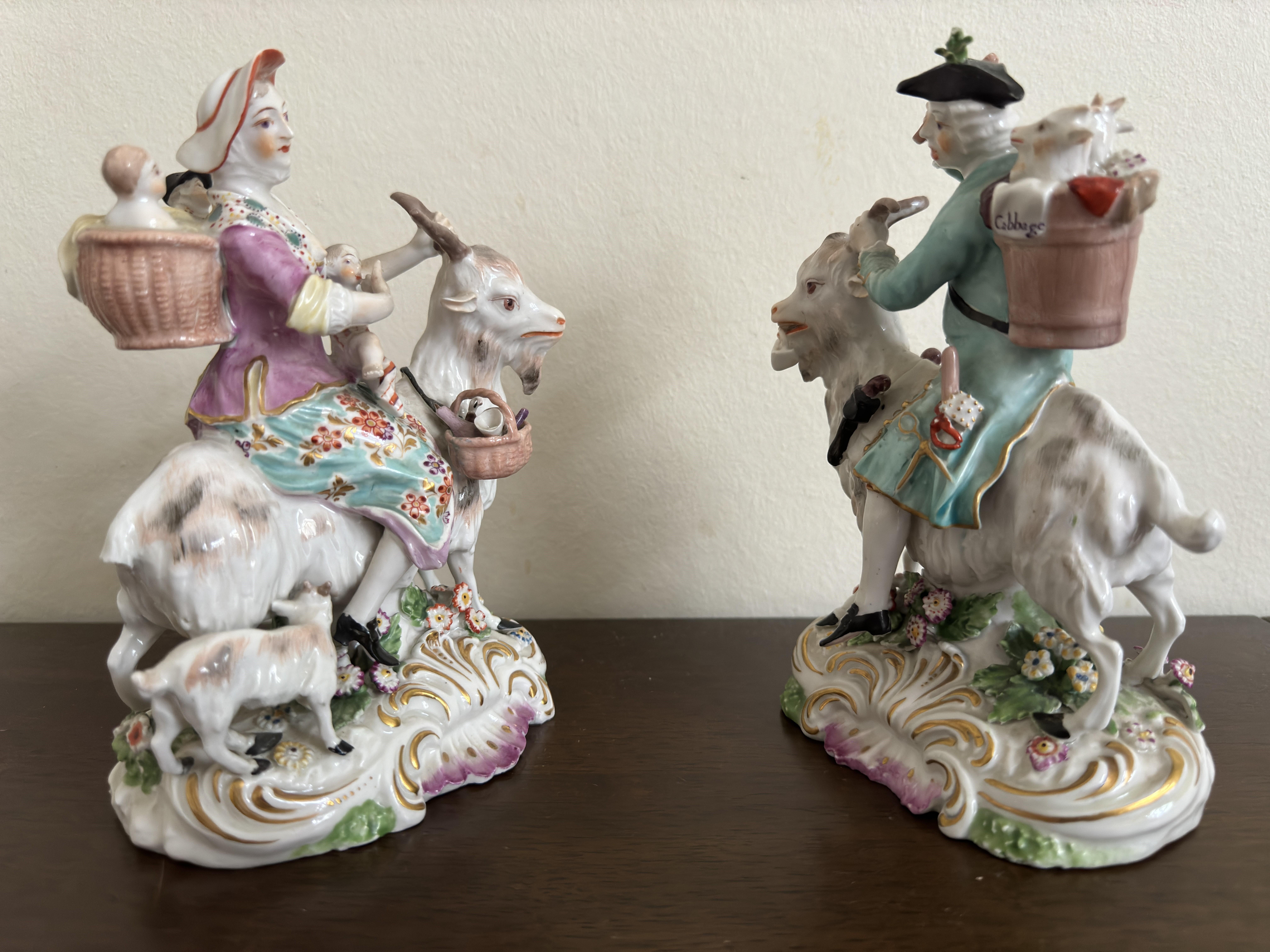 Pair of Derby Figures ' Welch Tailor and his Wife on Goats' circa 1800 For Sale 1
