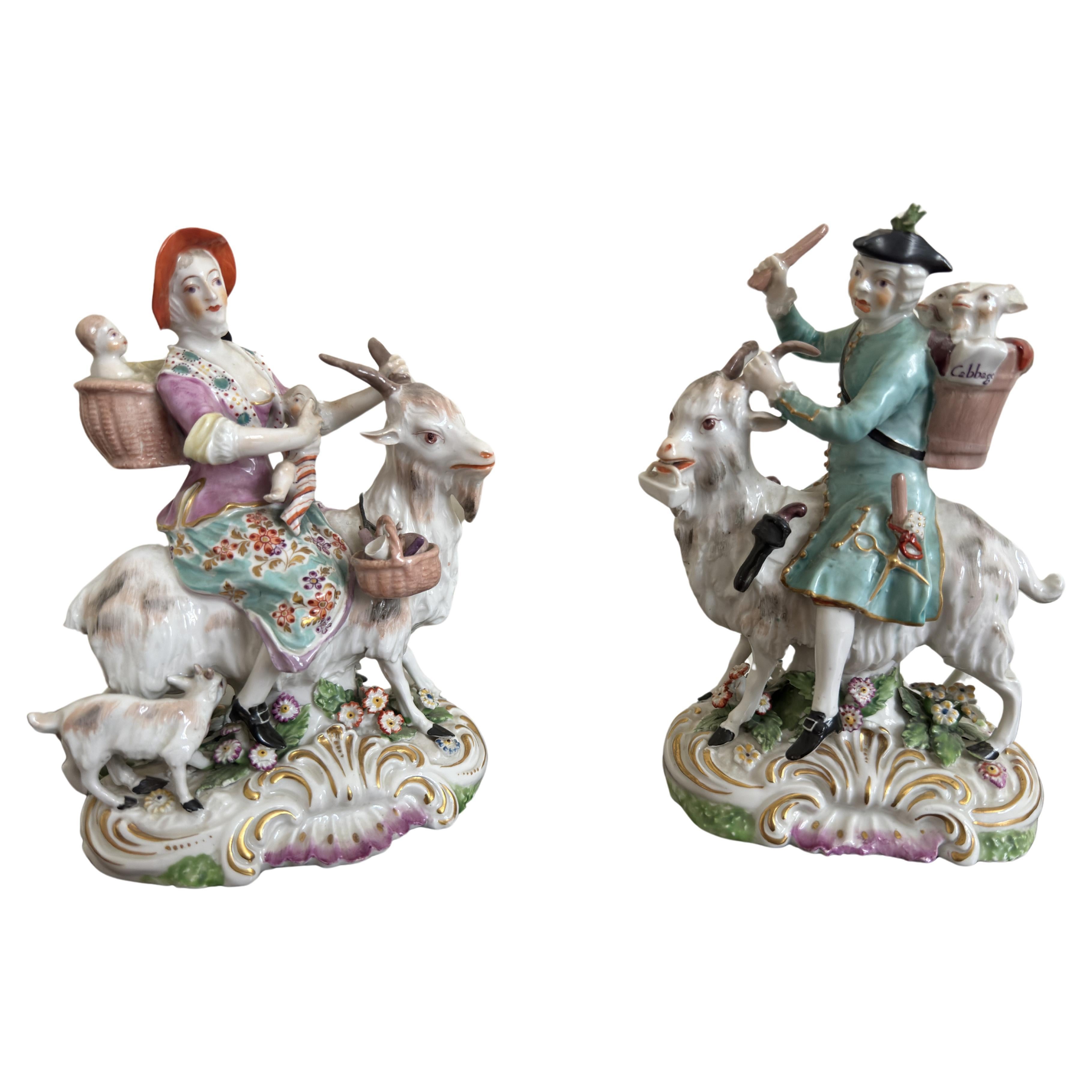 Pair of Derby Figures ' Welch Tailor and his Wife on Goats' circa 1800 For Sale