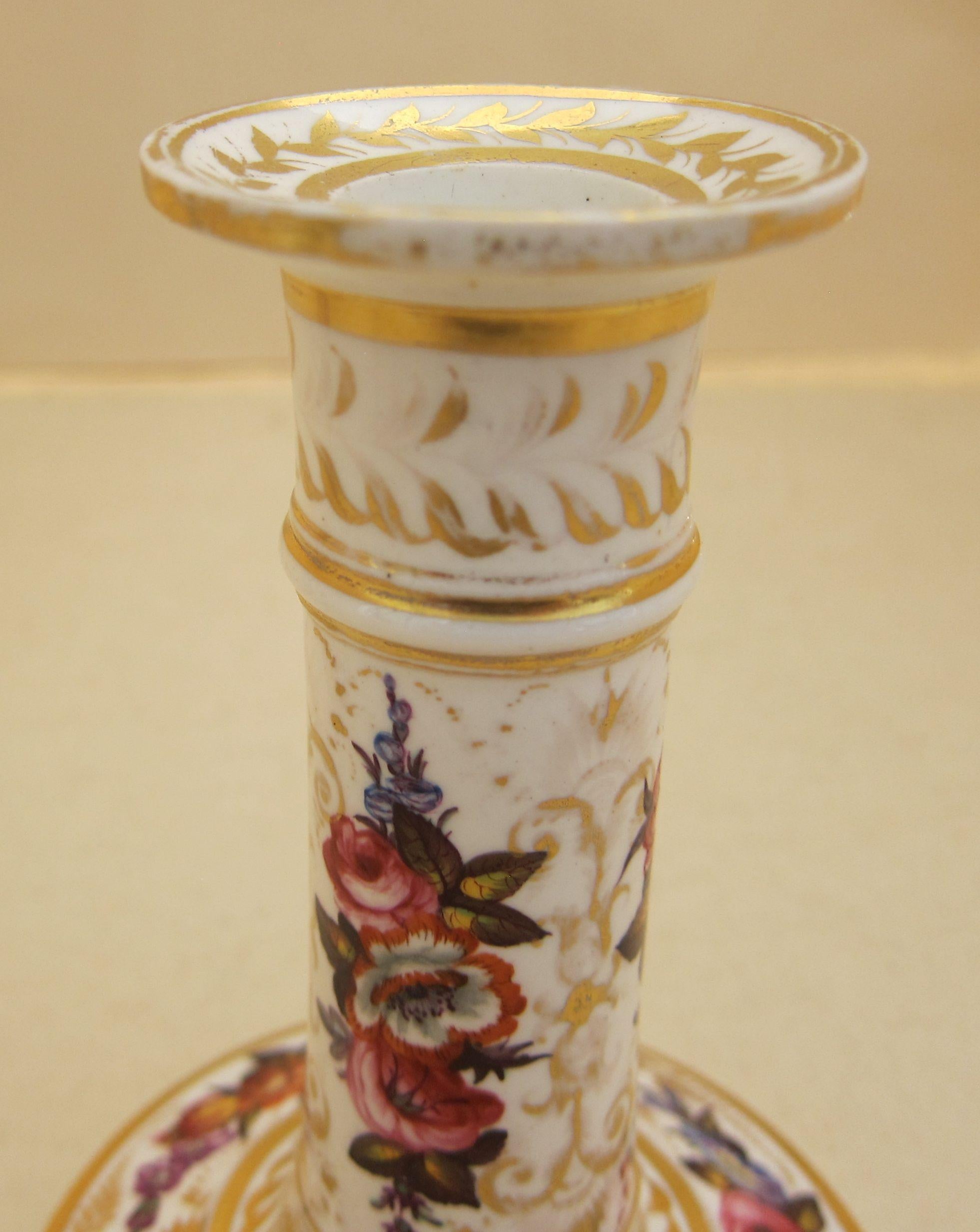 English Pair of Derby Porcelain Floral and Gilt Candlesticks