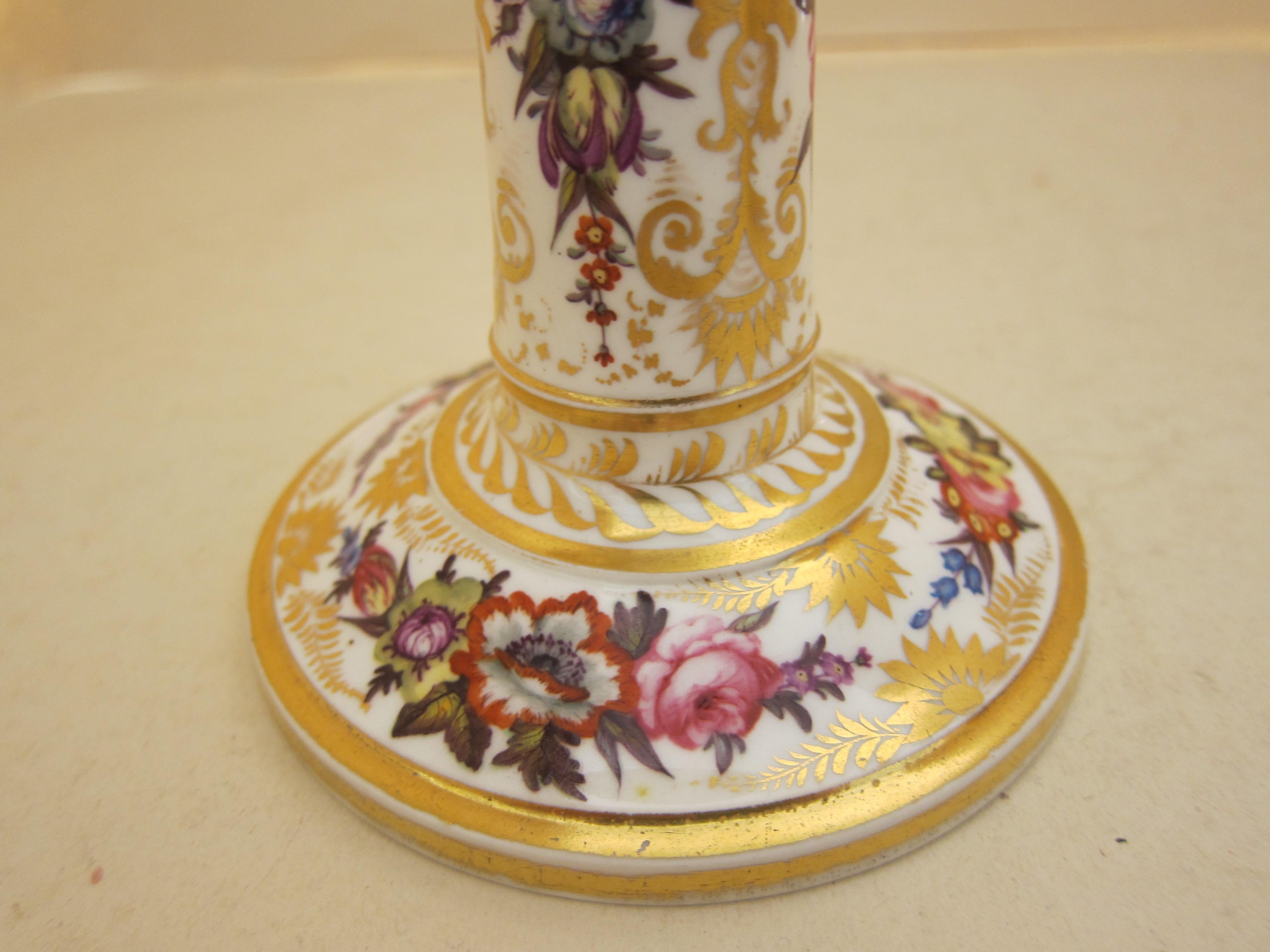 Pair of Derby Porcelain Floral and Gilt Candlesticks 1