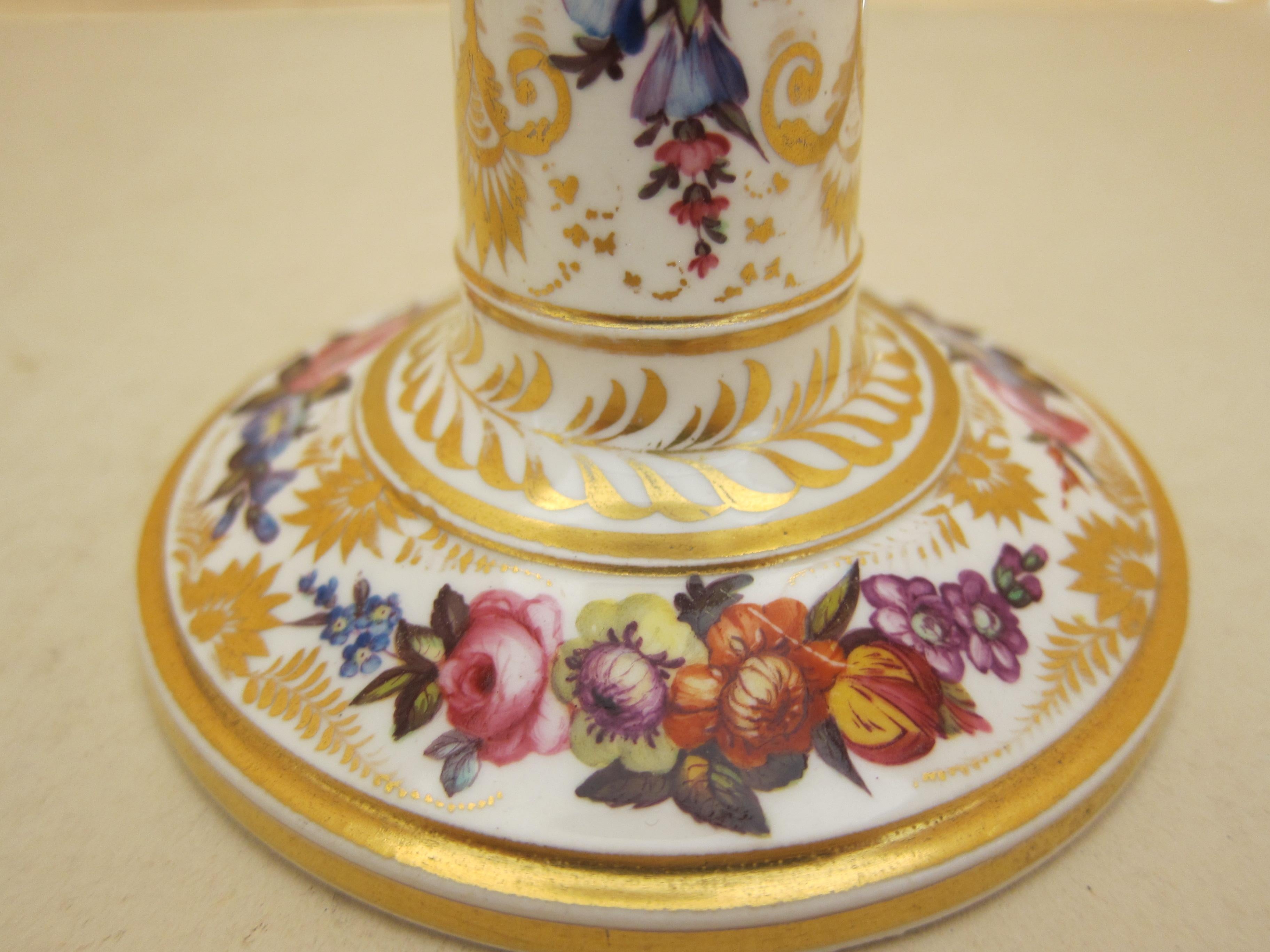 Pair of Derby Porcelain Floral and Gilt Candlesticks 2