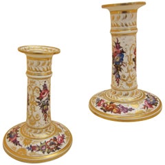 Pair of Derby Porcelain Floral and Gilt Candlesticks