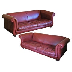 Pair of Derwent Leather Scroll-Arm Sofas – Large Retro Vintage c.2000, Quality