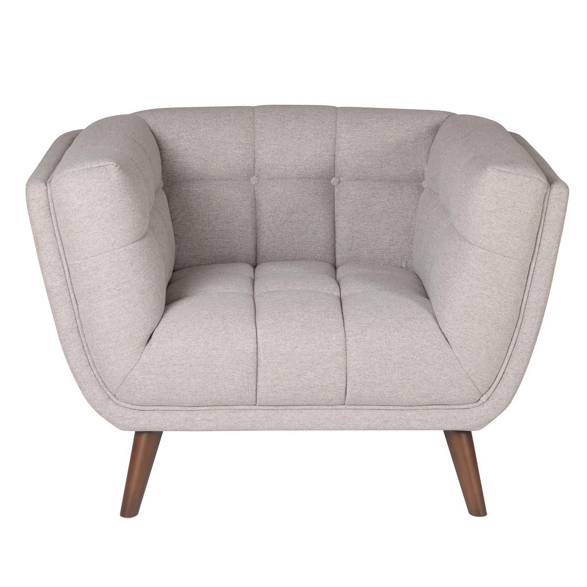 Comfy and elegant armchair dressed in trendy light grey and wooden feet