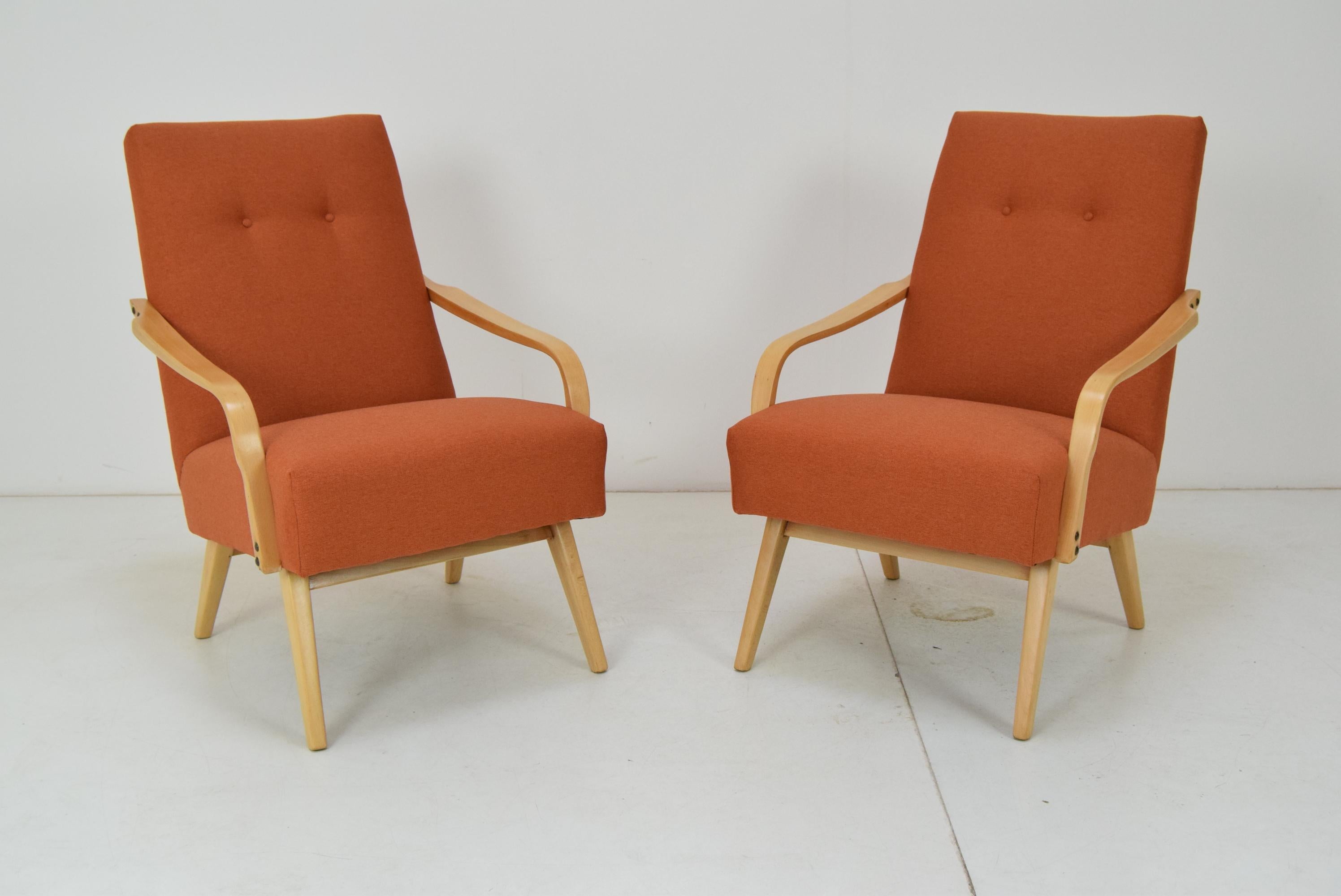 Made in Czechoslovakia 
Made of wood and fabric
Re-upholstered
Restored
Good condition.